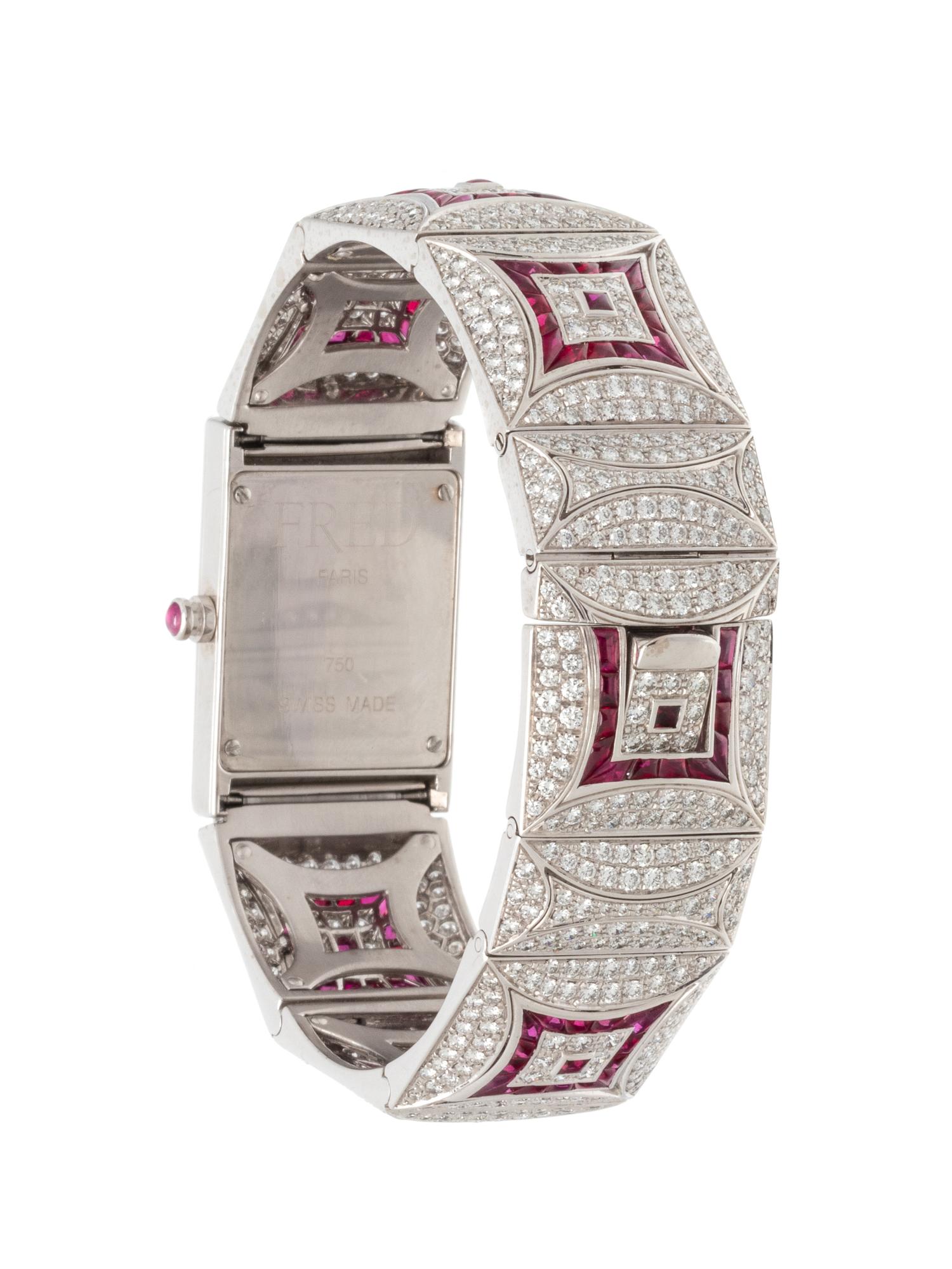 FRED, 18K WHITE GOLD, DIAMOND AND RUBY WRISTWATCH