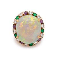 RAYMOND YARD, OPAL, DIAMOND, EMERALD AND AMETHYST RING