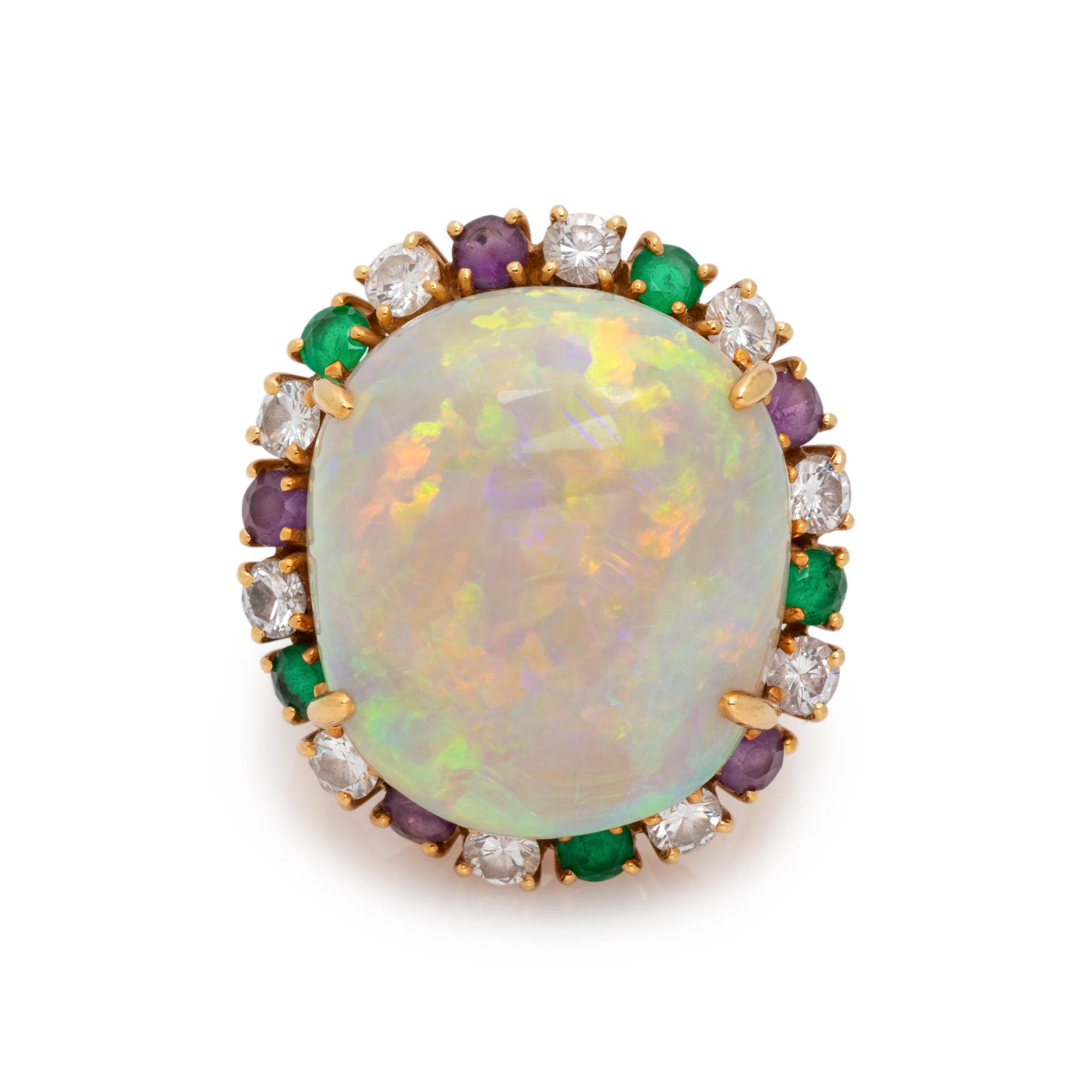 RAYMOND YARD, OPAL, DIAMOND, EMERALD AND AMETHYST RING