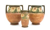 Three Roseville Dahlrose Pottery Vases Height of pair 8 inches, single 6 1/4 inches.