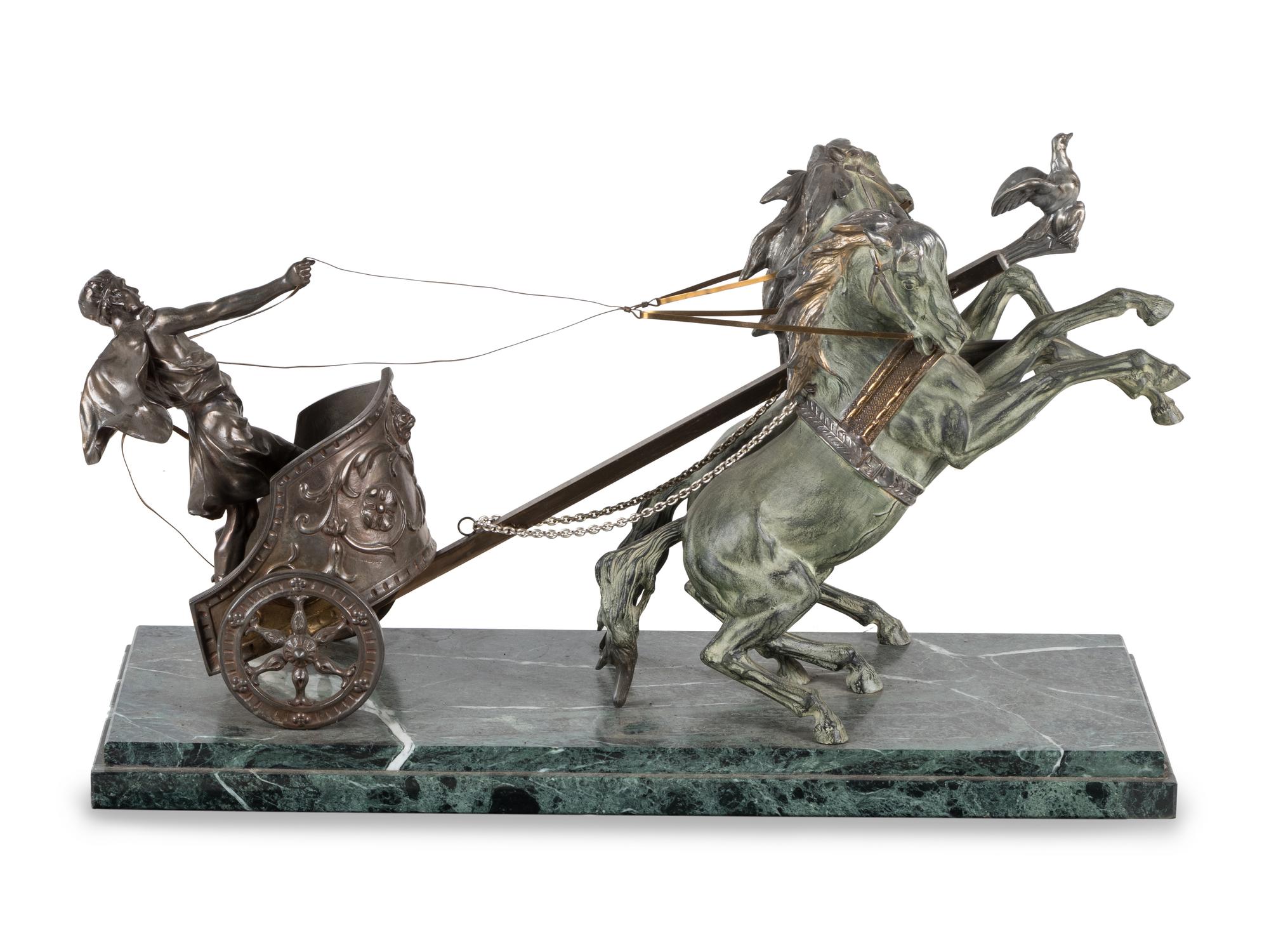 A Bronze and Patinated Metal Figural Group Depicting a Two-Horse Roman Chariot and Rider