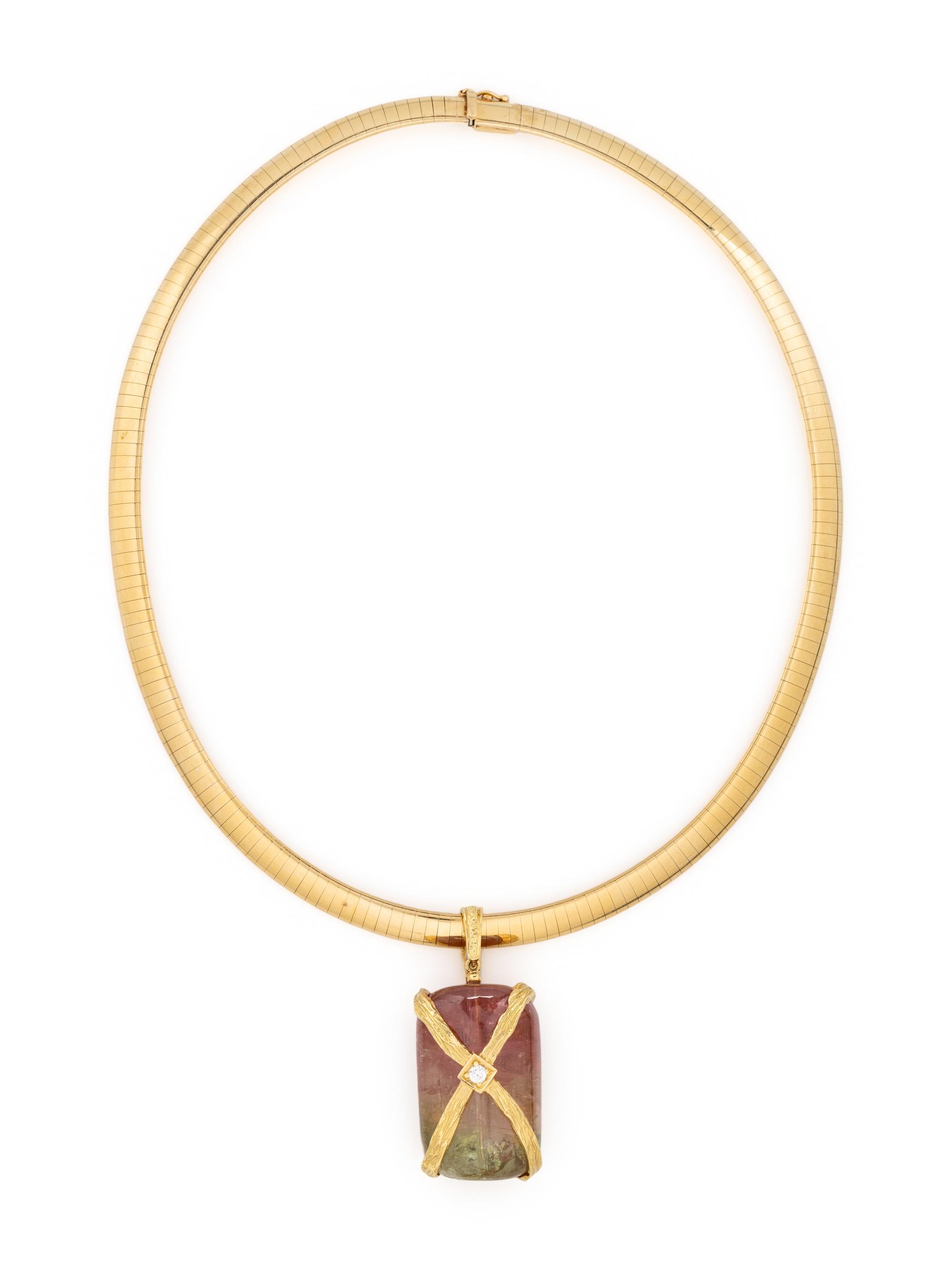YELLOW GOLD AND WATERMELON TOURMALINE PENDANT NECKLACE