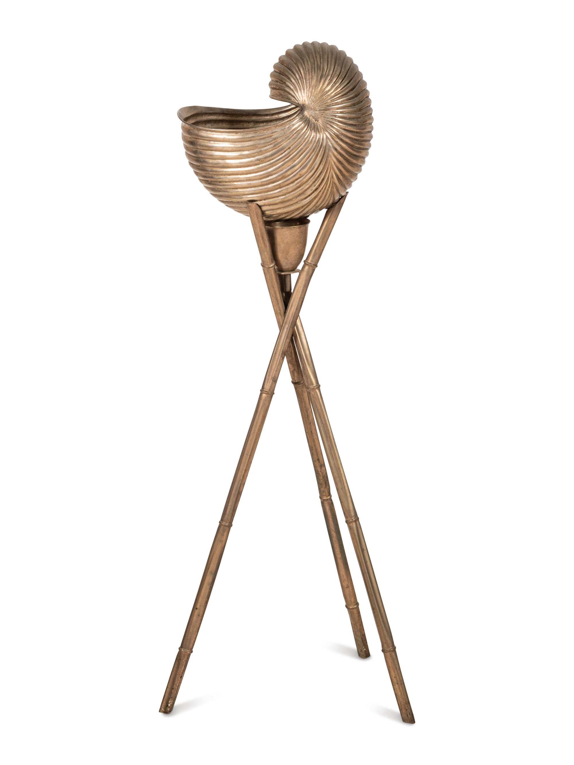 A Silvered Metal Shell Form Bowl on Stand
