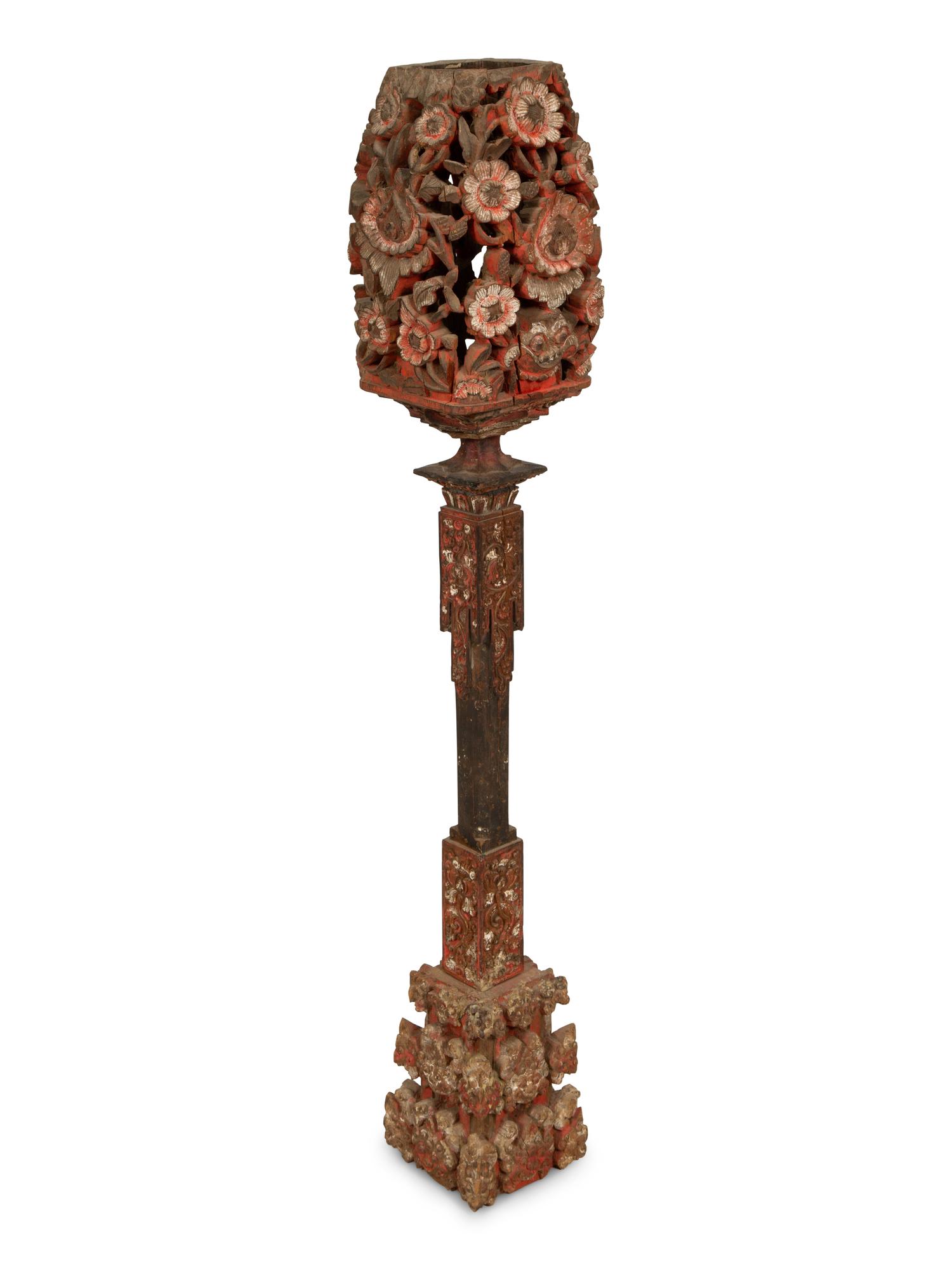 A Chinese Carved and Polychromed Wood Torchère