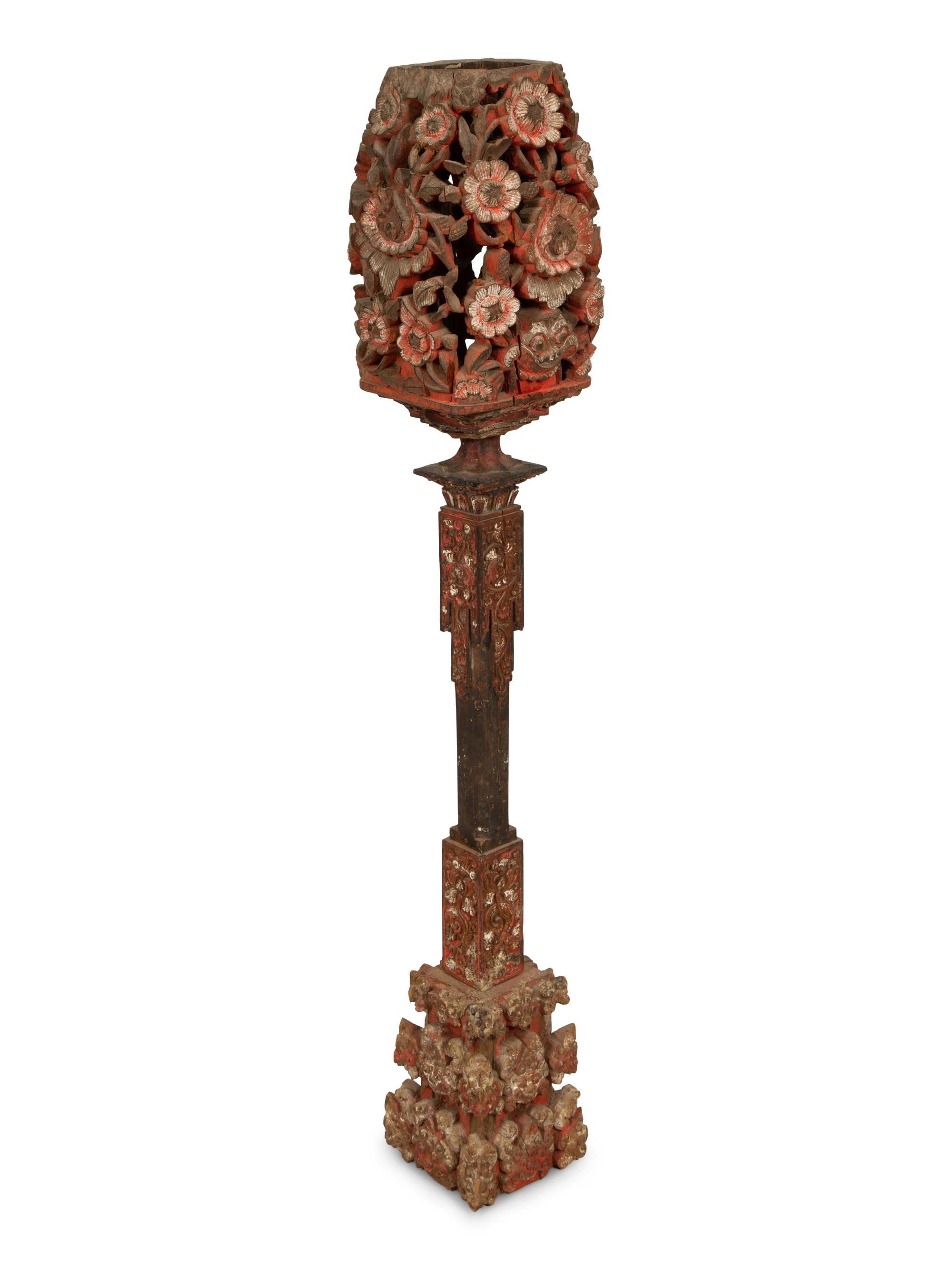 A Chinese Carved and Polychromed Wood Torchère