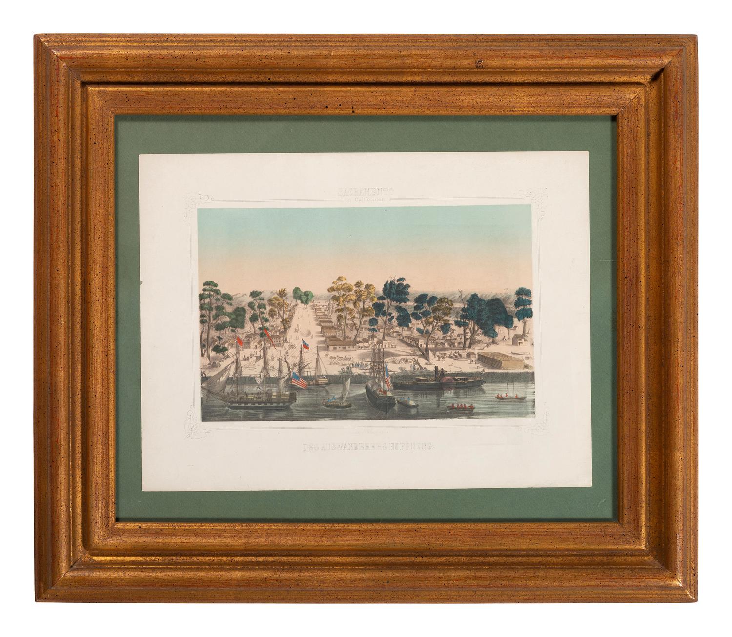 [CALIFORNIA]. HESSE, J., publisher. Sacramento in Californien. Des Auswanderers Hoffnung. [ The Immigrant's Hope ]. Bird's-eye view of Sacramento.