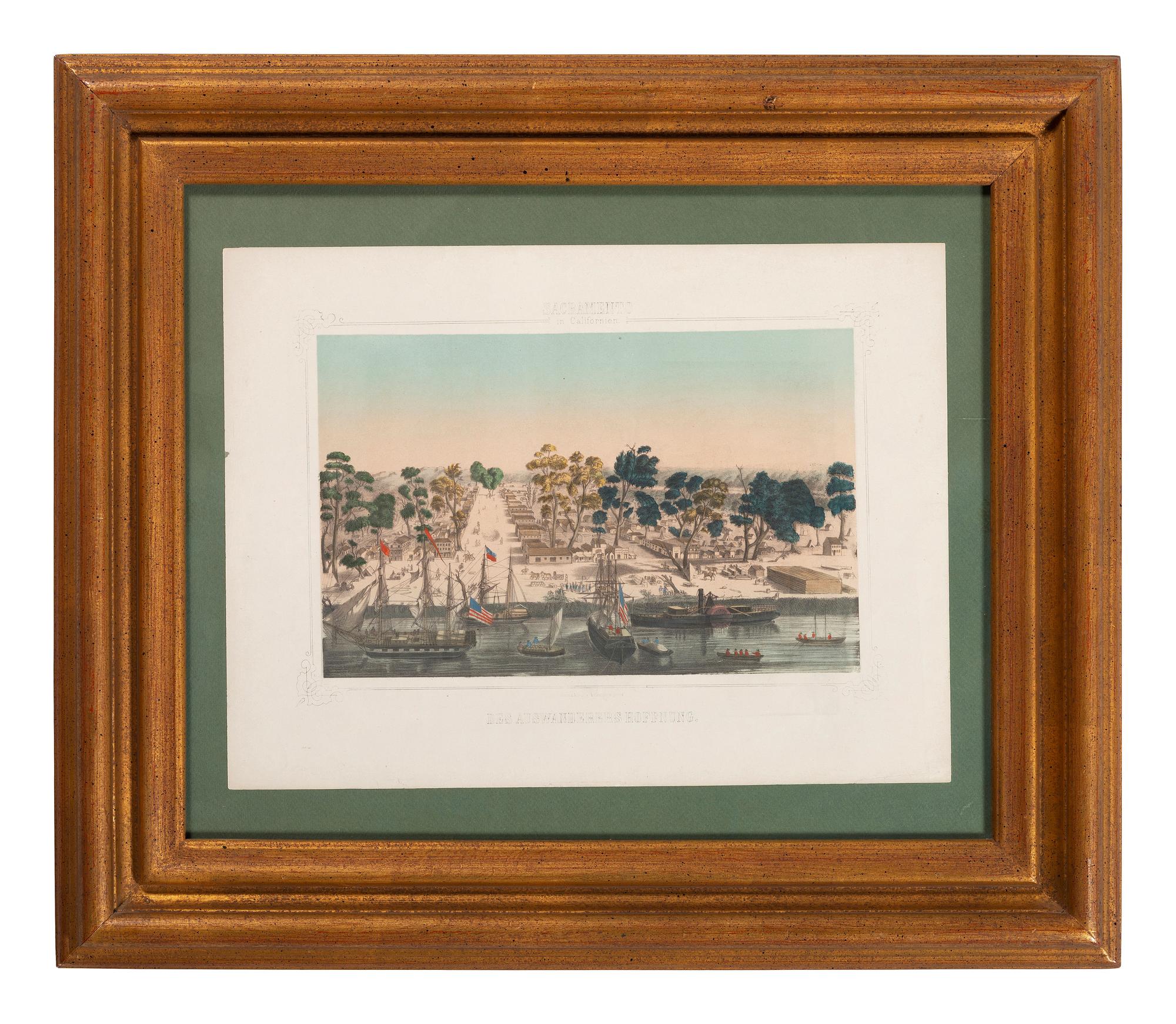 [CALIFORNIA]. HESSE, J., publisher. Sacramento in Californien. Des Auswanderers Hoffnung. [ The Immigrant's Hope ]. Bird's-eye view of Sacramento.