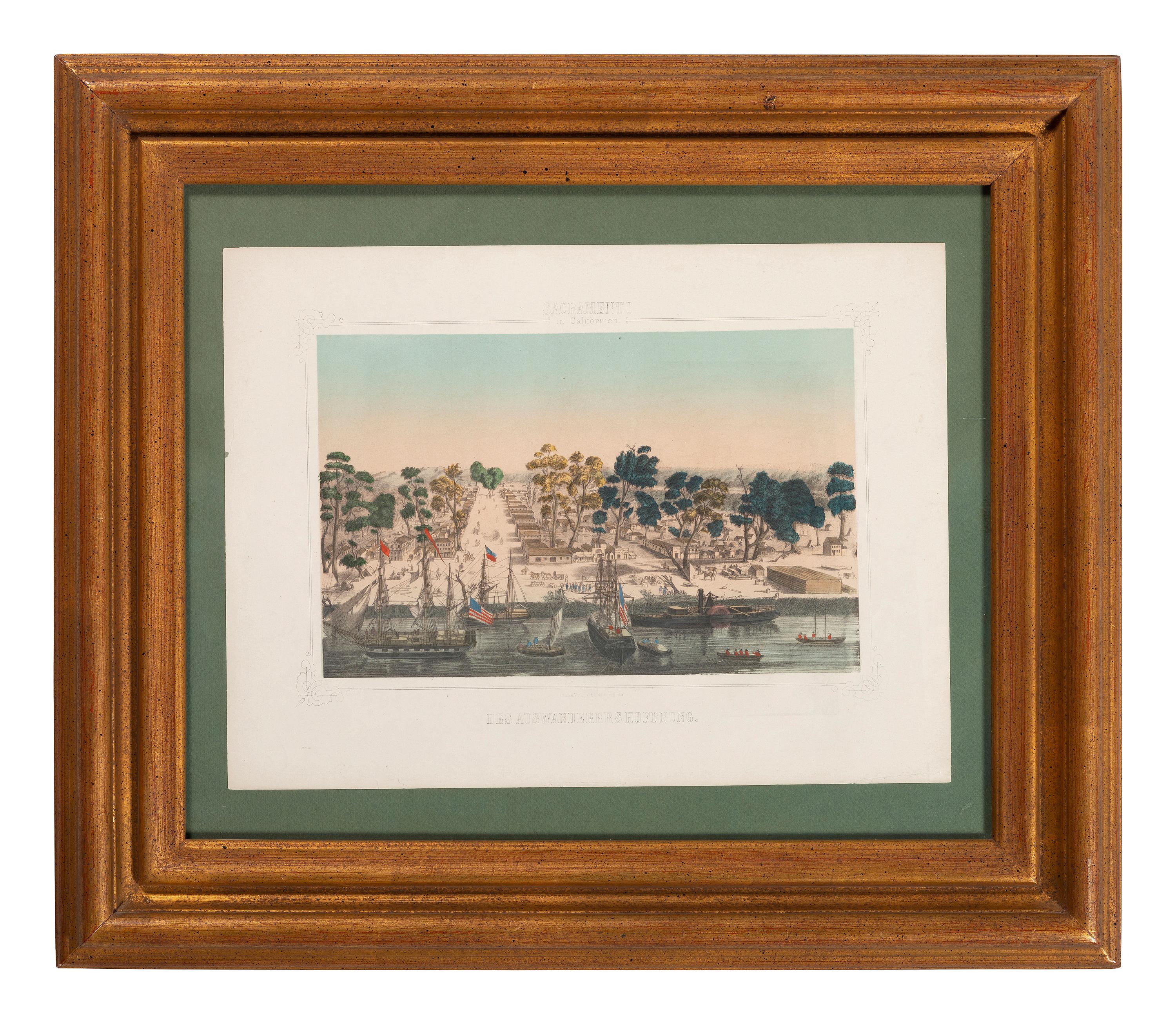 [CALIFORNIA]. HESSE, J., publisher. Sacramento in Californien. Des Auswanderers Hoffnung. [ The Immigrant's Hope ]. Bird's-eye view of Sacramento.