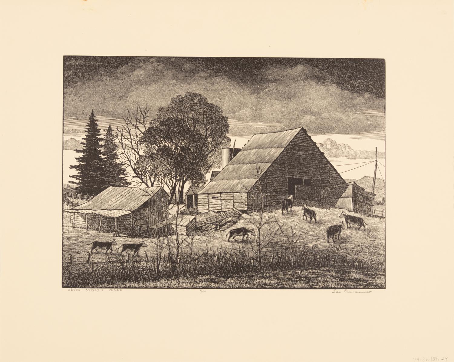A group of six American prints (Emile Gruppe, Country Scene with Houses ; Nathan Margolies, Cornhuskers ; Leo Meissner, Jeter Spivey's Place ; Darwin Musselman, Going Home ; Thomas Nason, Haystacks ; Julius Tanzer, New England Yard )