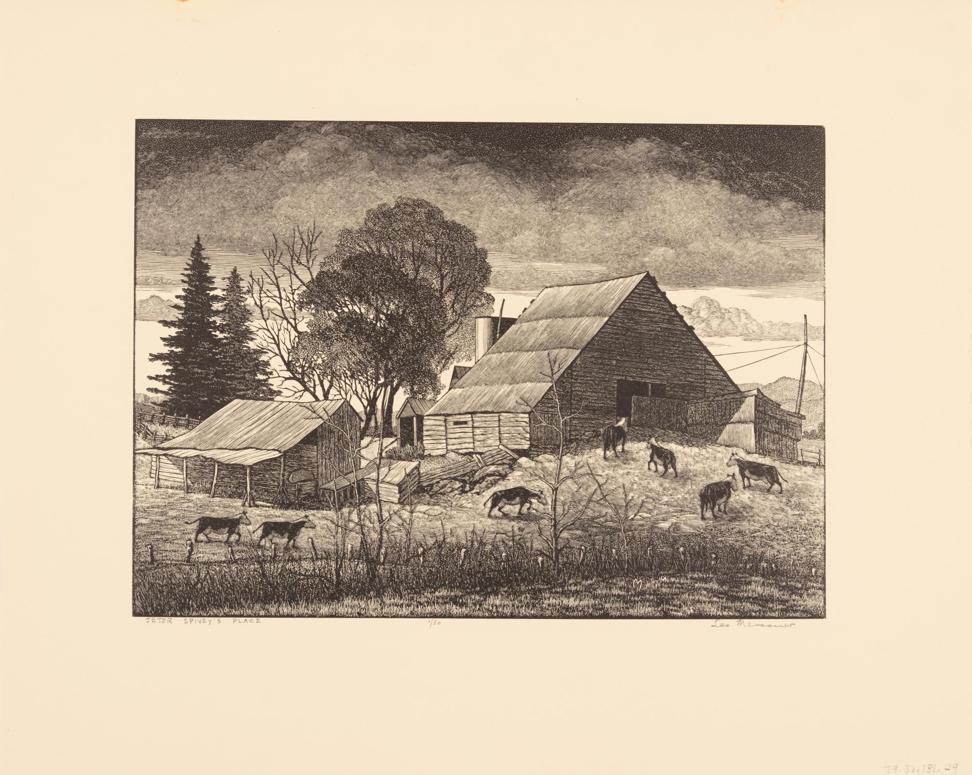 A group of six American prints (Emile Gruppe, Country Scene with Houses ; Nathan Margolies, Cornhuskers ; Leo Meissner, Jeter Spivey's Place ; Darwin Musselman, Going Home ; Thomas Nason, Haystacks ; Julius Tanzer, New England Yard )