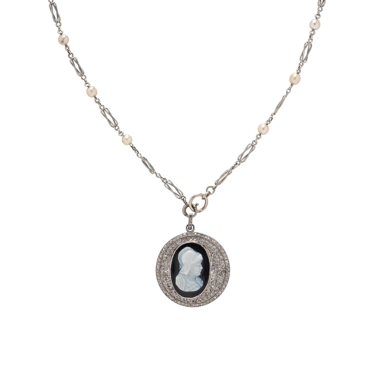 CAMEO, DIAMOND, AND SEED PEARL PENDANT NECKLACE