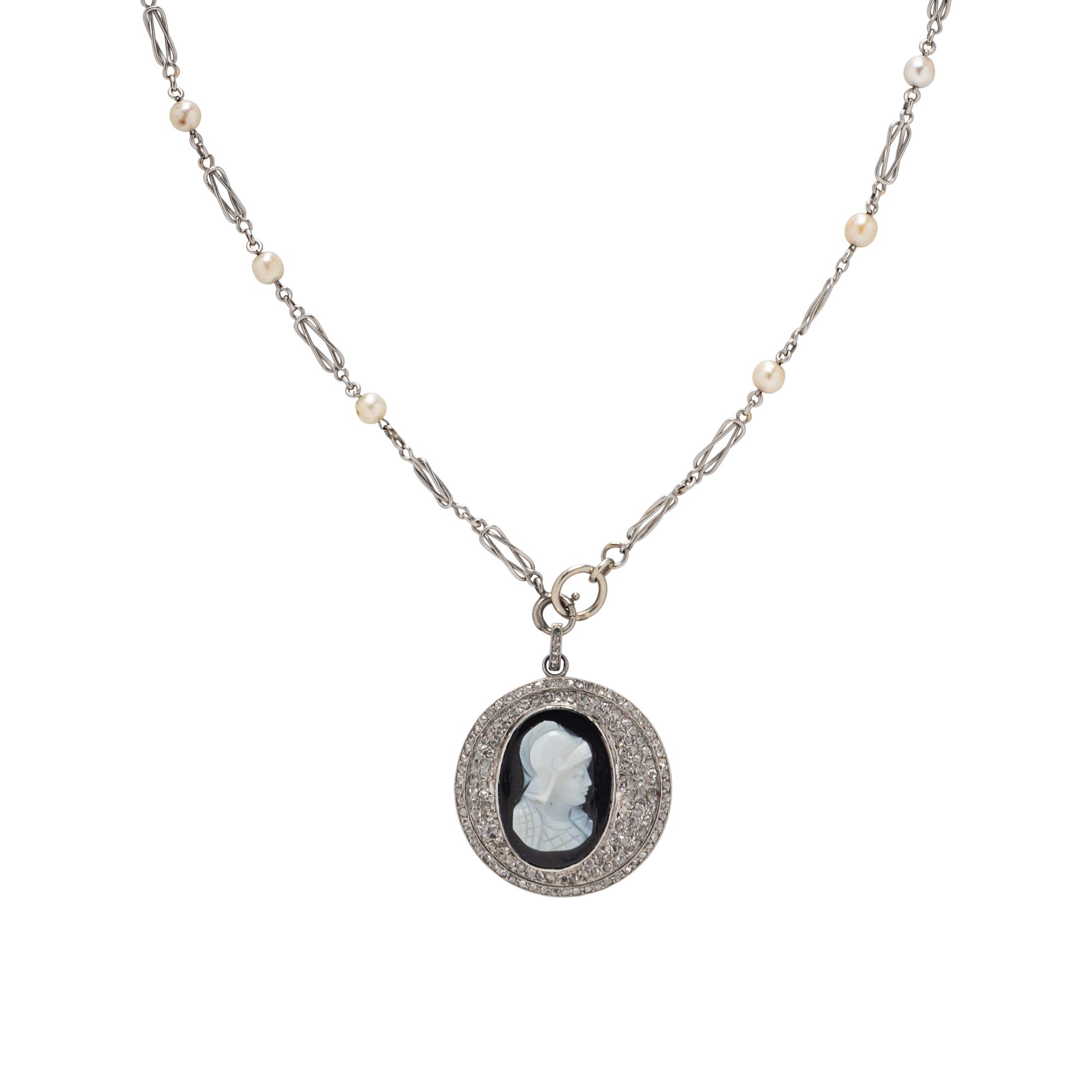 CAMEO, DIAMOND, AND SEED PEARL PENDANT NECKLACE