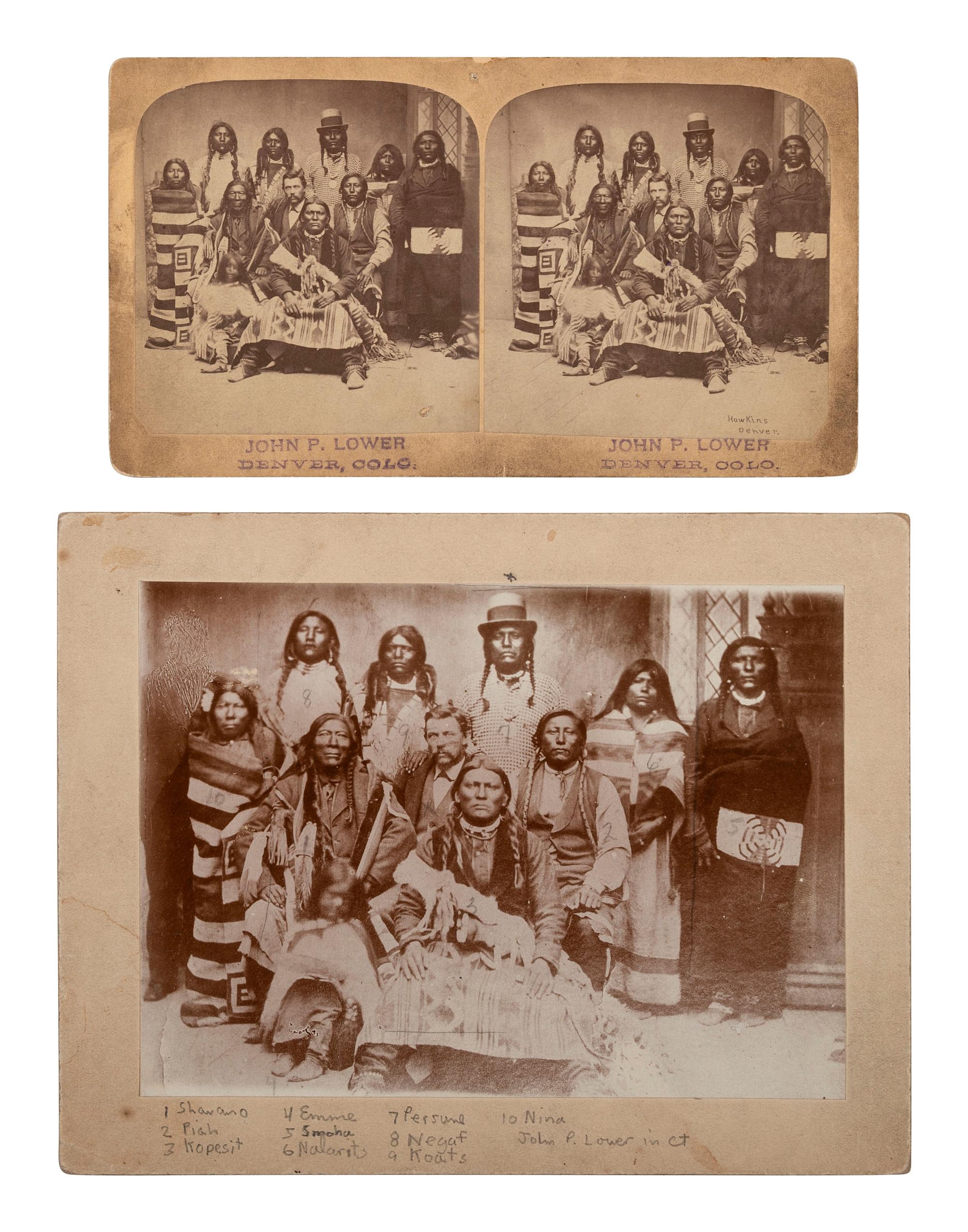 [NATIVE AMERICANS]. Two photographs of a group of Ute Indians with Colorado gunsmith and trader John P. Lower.