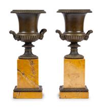 A Pair of Grand Tour Bronze and Marble Urn Ornaments