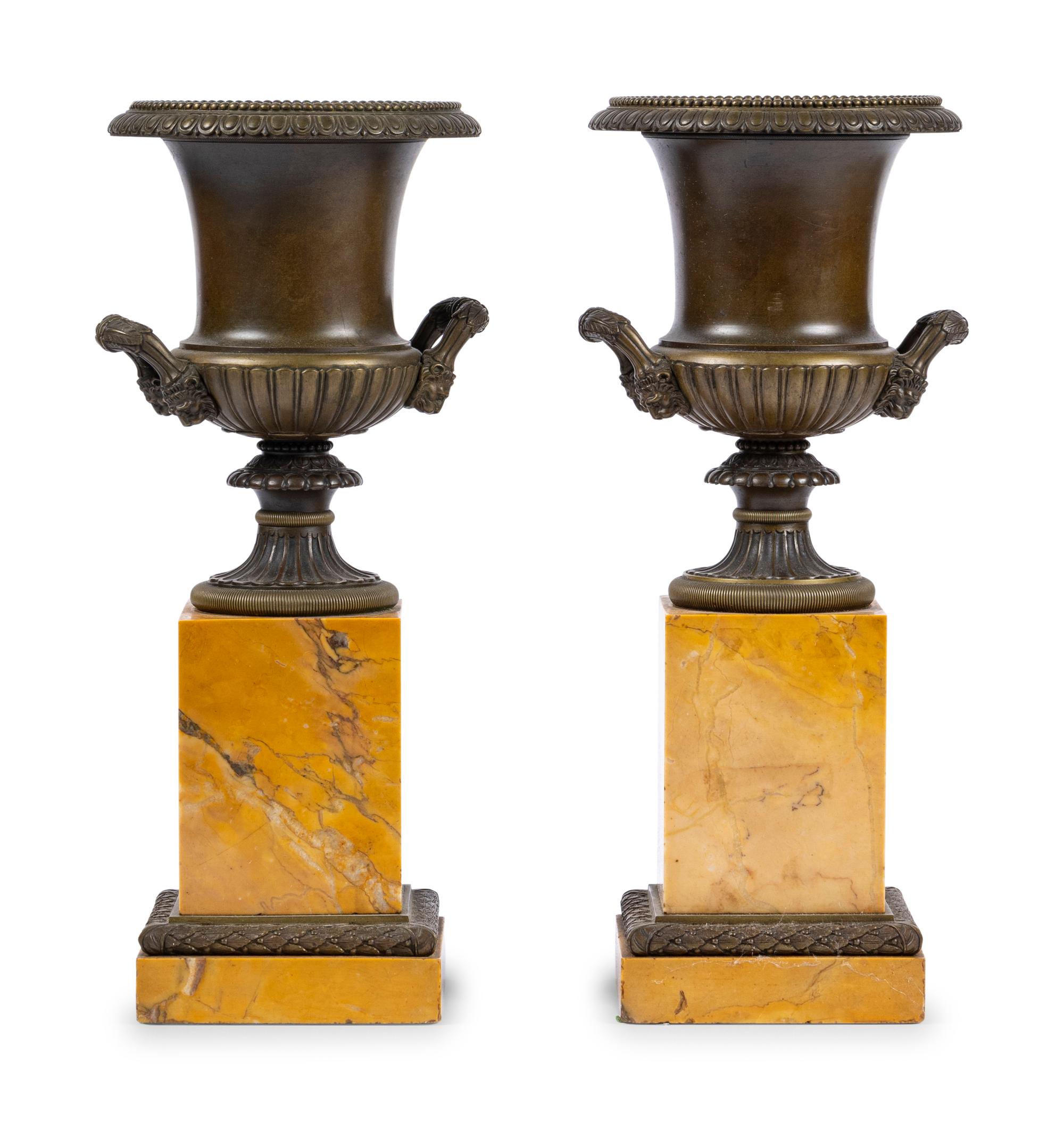 A Pair of Grand Tour Bronze and Marble Urn Ornaments