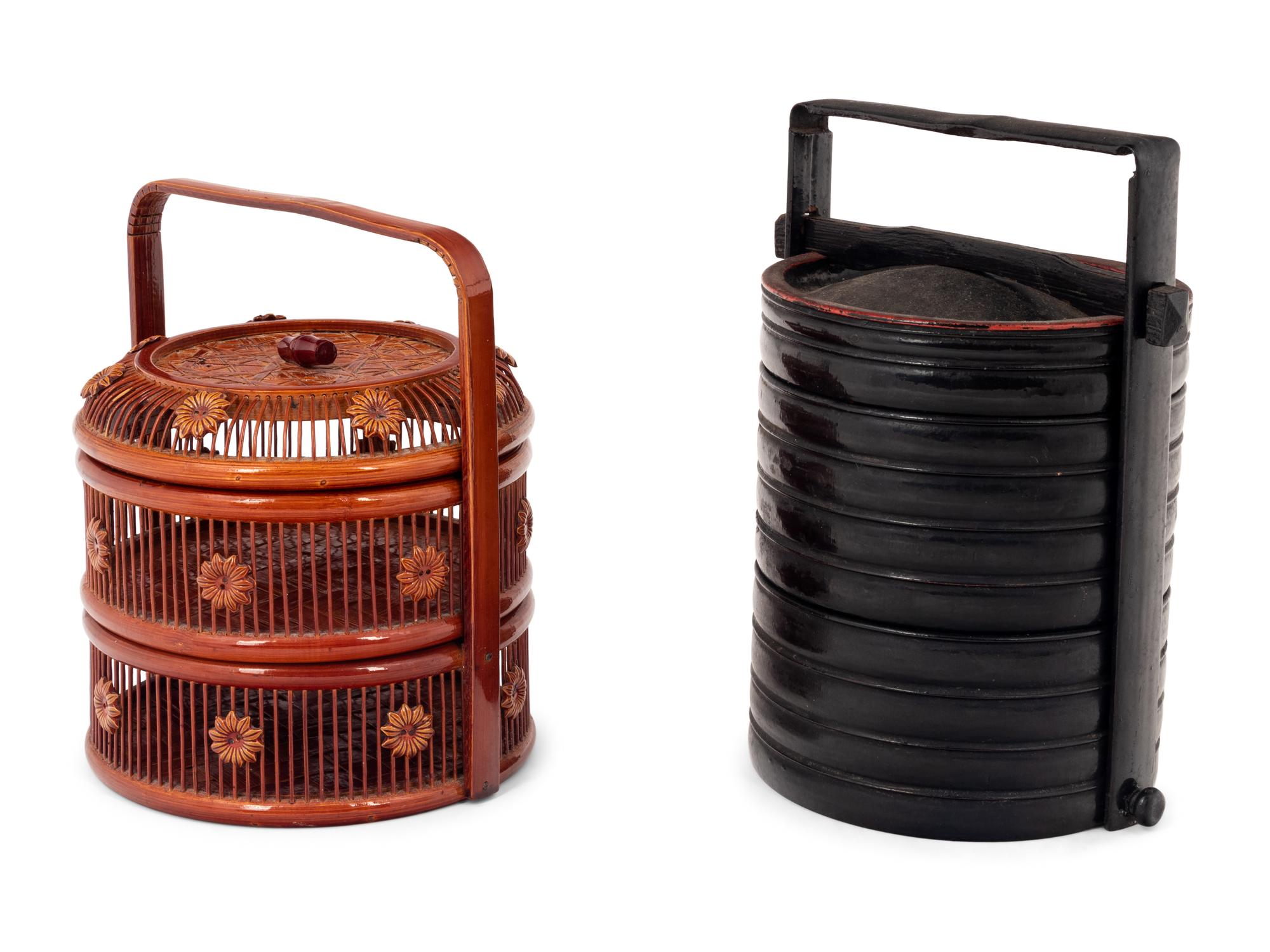 Two Chinese Lacquered Wood and Bamboo Food Baskets