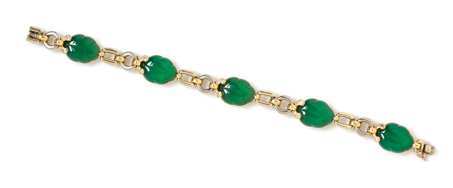 An 18 Karat Bicolor Gold, Green Chalcedony and Diamond Bracelet, Cartier, Circa 1990, 30.30 dwts.