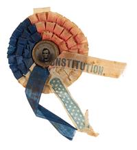 [LINCOLN, Abraham (1809-1865)]. Tri-colored 1864 campaign cockade with Lincoln ferrotype at center.