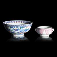 A Japanese Underglaze Red-Decorated Censer, Miura Chikusen, and a Wucai B owl, Kachutei Dohachi