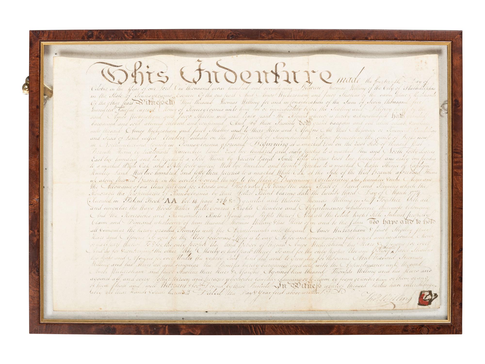 [AMERICANA -- CONSTITUTION]. Indenture, in English, on vellum, 1779.