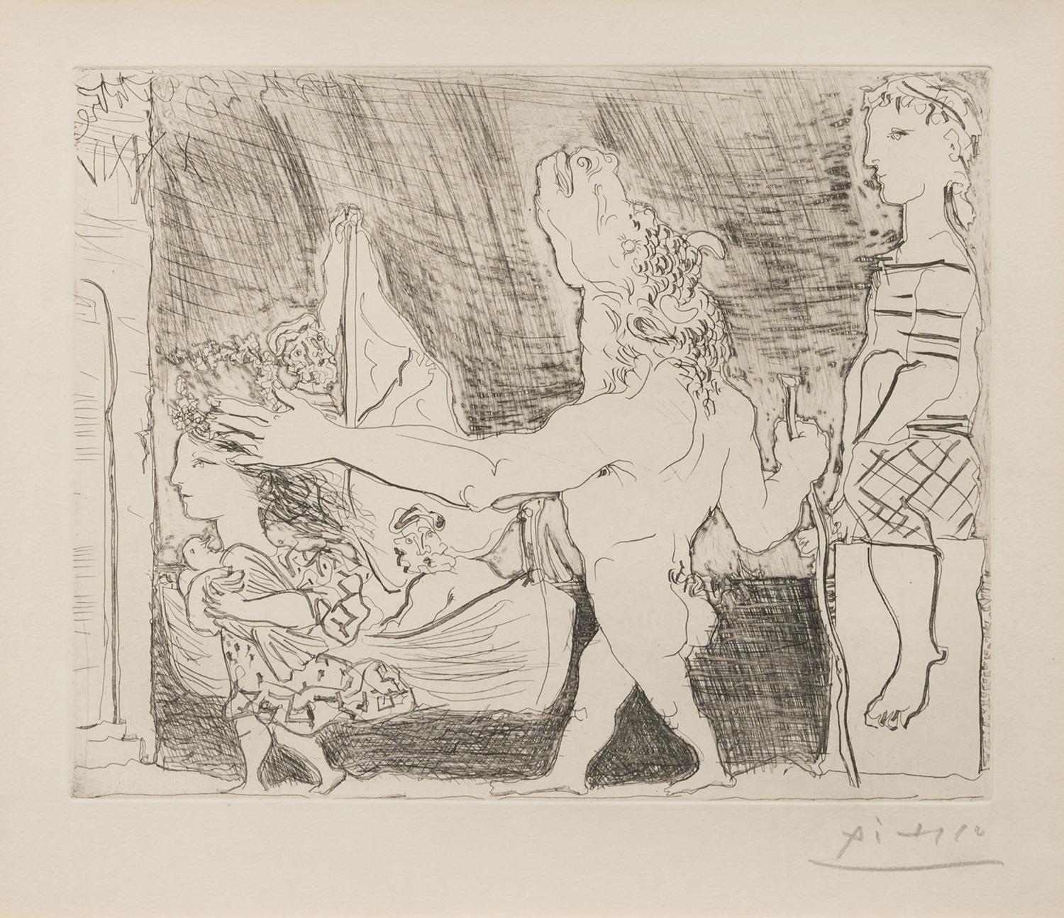 Minotaure aveugle guidé dans la nuit par une petite fille au pigeon (from La Suite Vollard ) 1934 (published 1939)