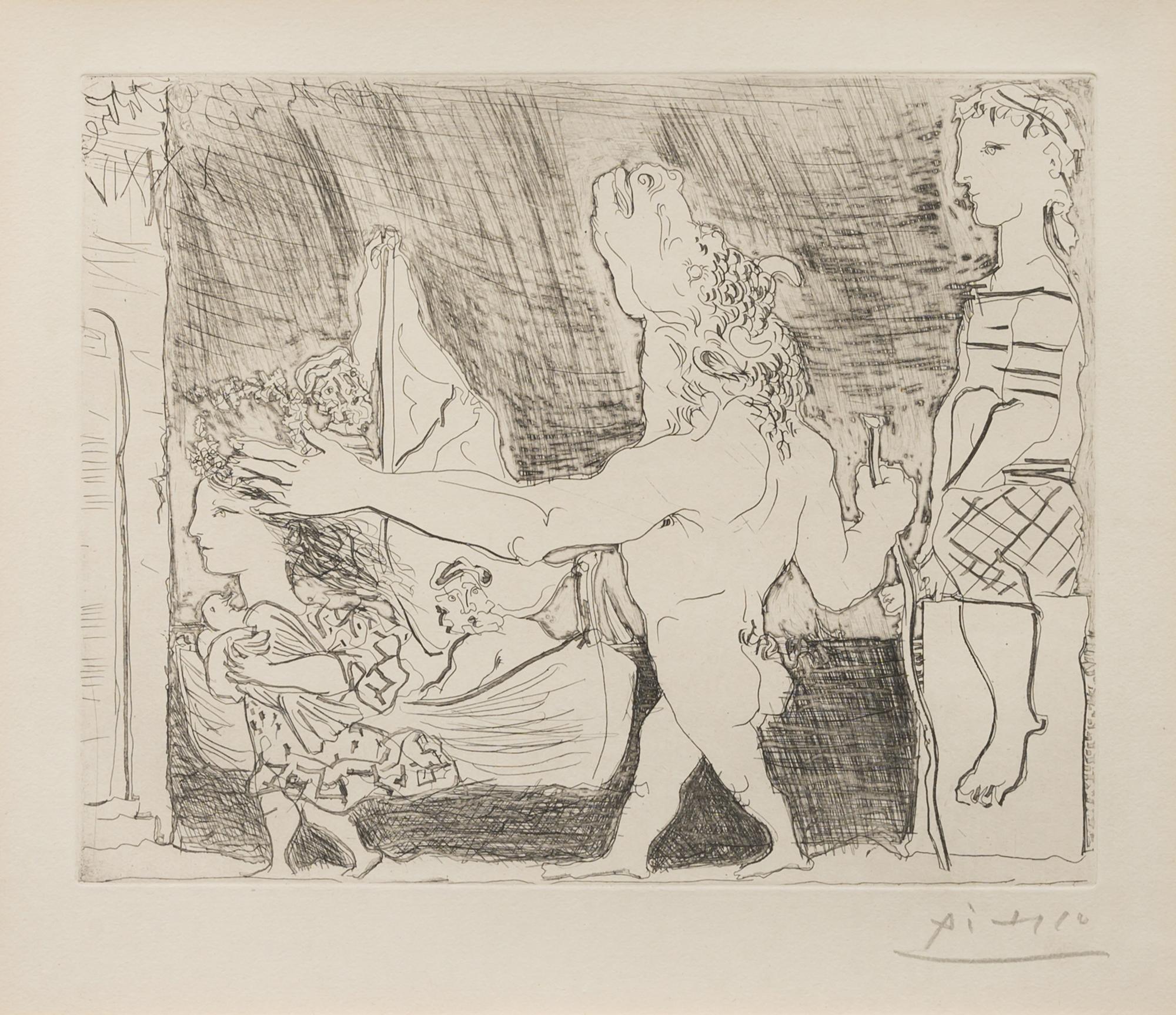 Minotaure aveugle guidé dans la nuit par une petite fille au pigeon (from La Suite Vollard ) 1934 (published 1939)