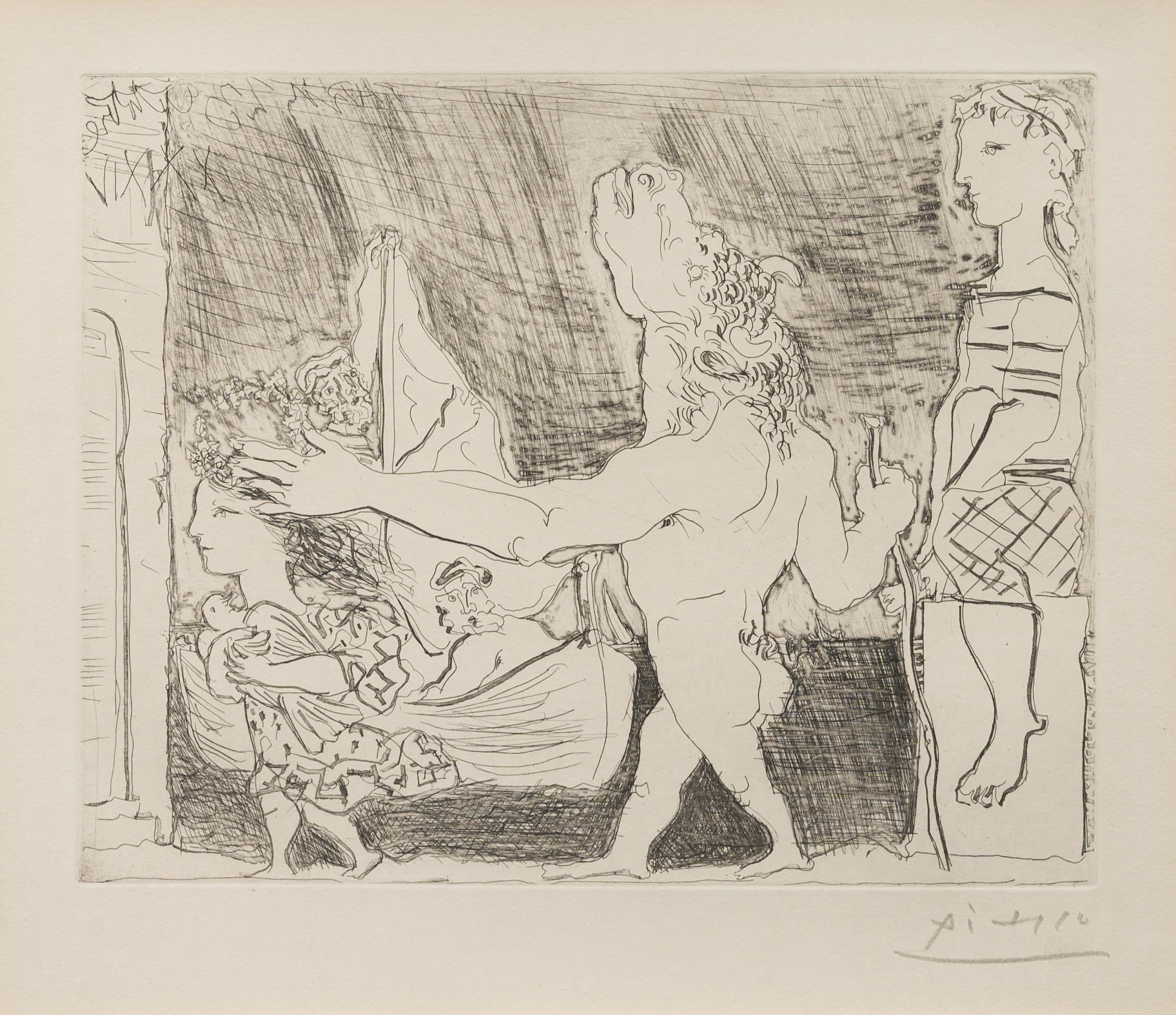 Minotaure aveugle guidé dans la nuit par une petite fille au pigeon (from La Suite Vollard ) 1934 (published 1939)