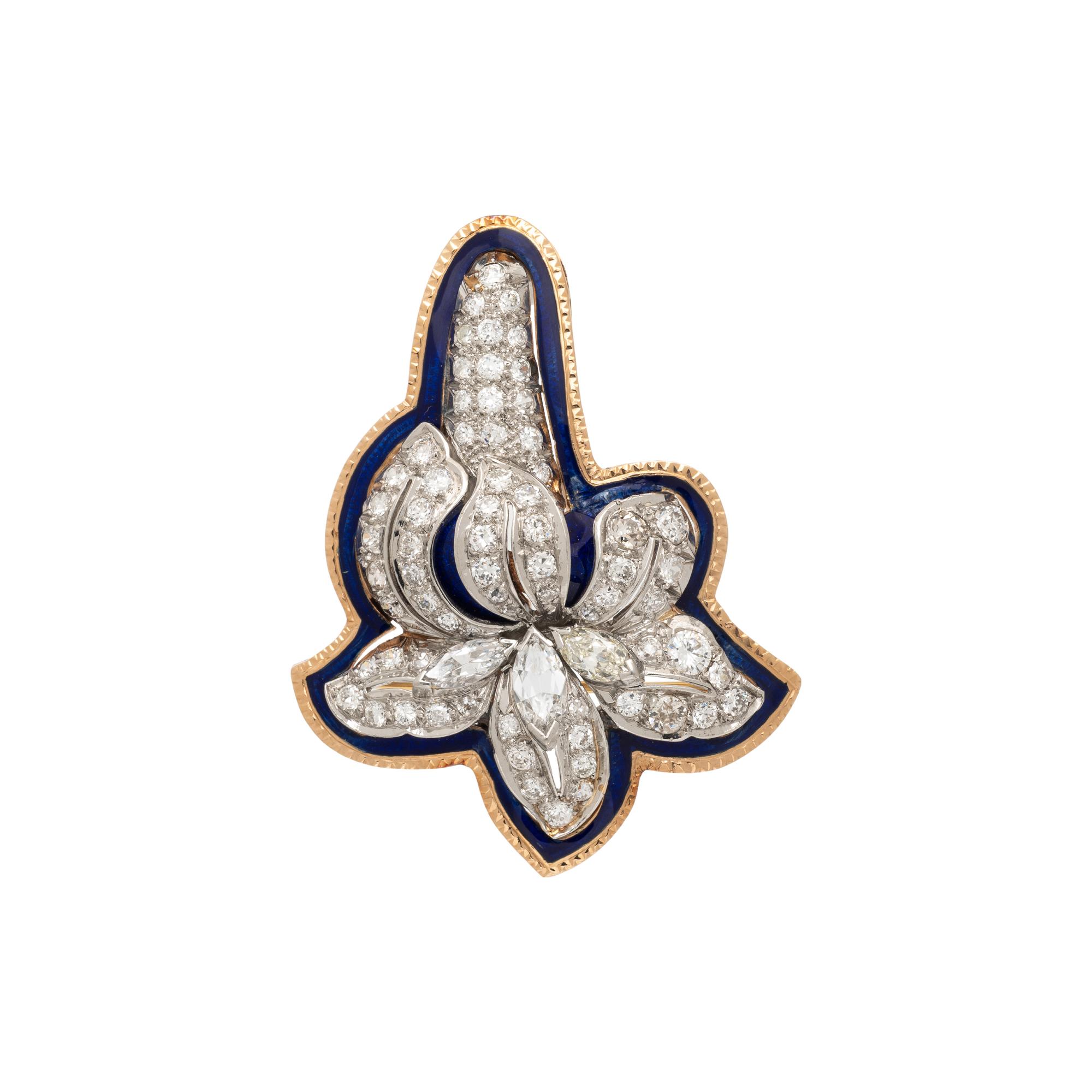 DIAMOND, PLATINUM, YELLOW GOLD, AND ENAMEL FLOWER BROOCH PENDANT
