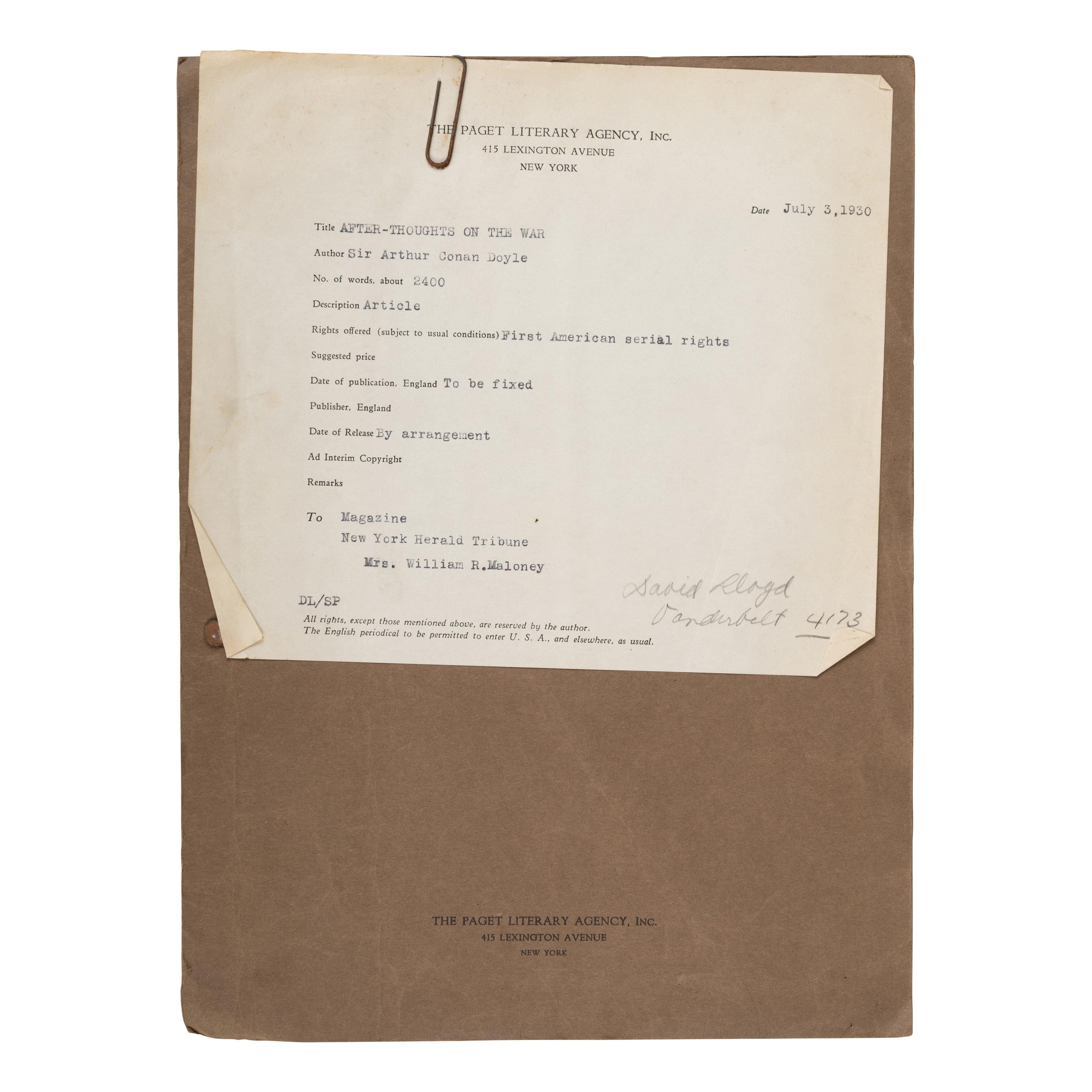 Doyle, Arthur Conan (1859-1930). A pair of typescript articles with holograph emendations in Doyle's hand, comprising: