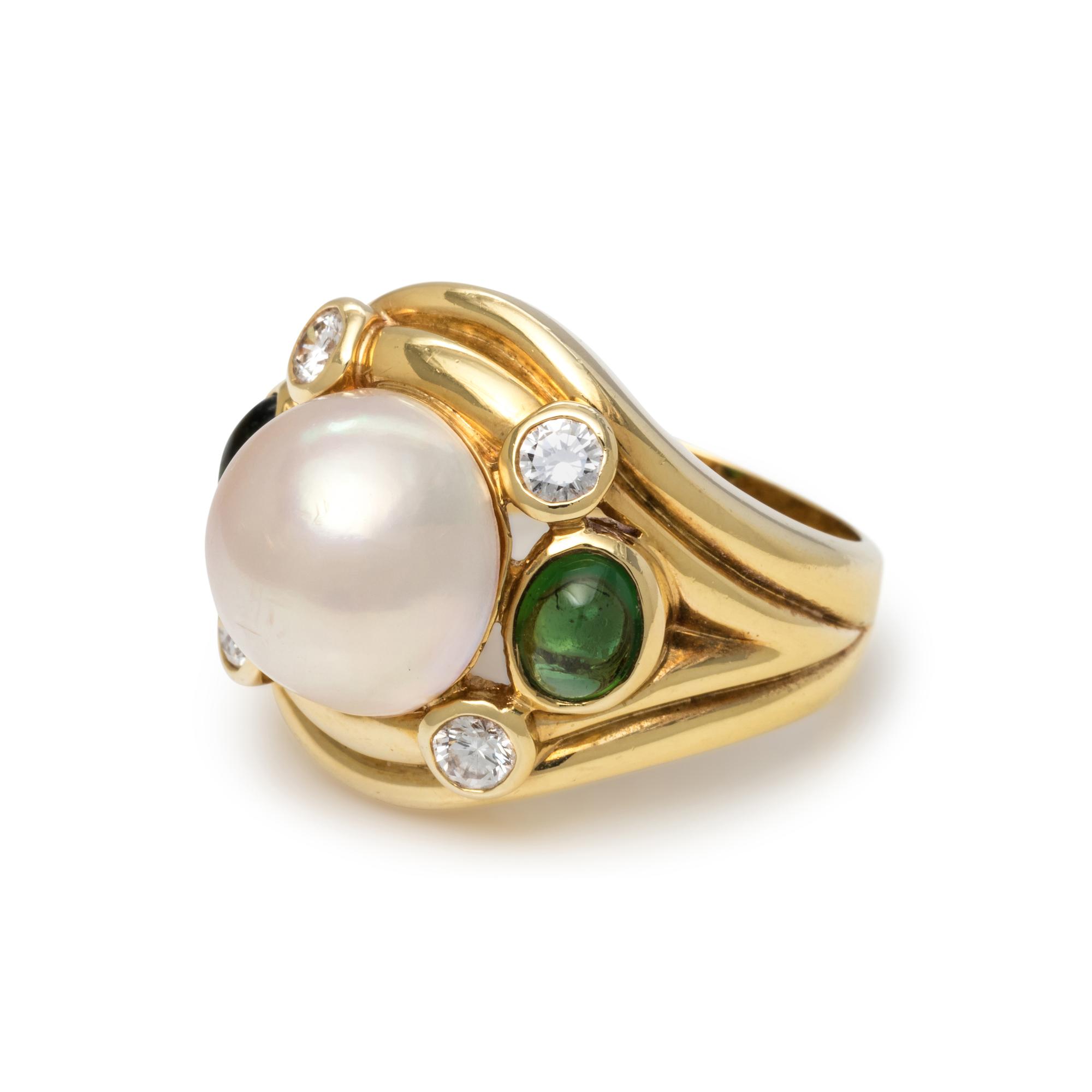 CULTURED MABE PEARL, DIAMOND AND TSAVORITE GARNET RING