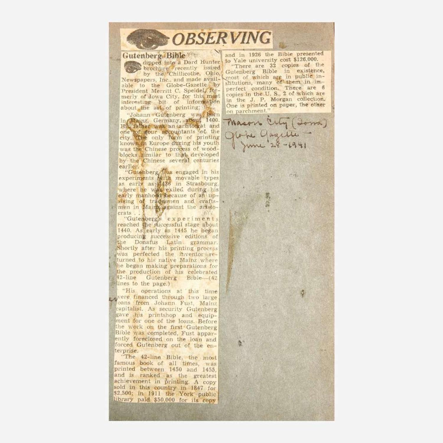 [Early Printing] [Hunter, Dard] (Gutenberg, Johann) Leaf from the Gutenberg Bible