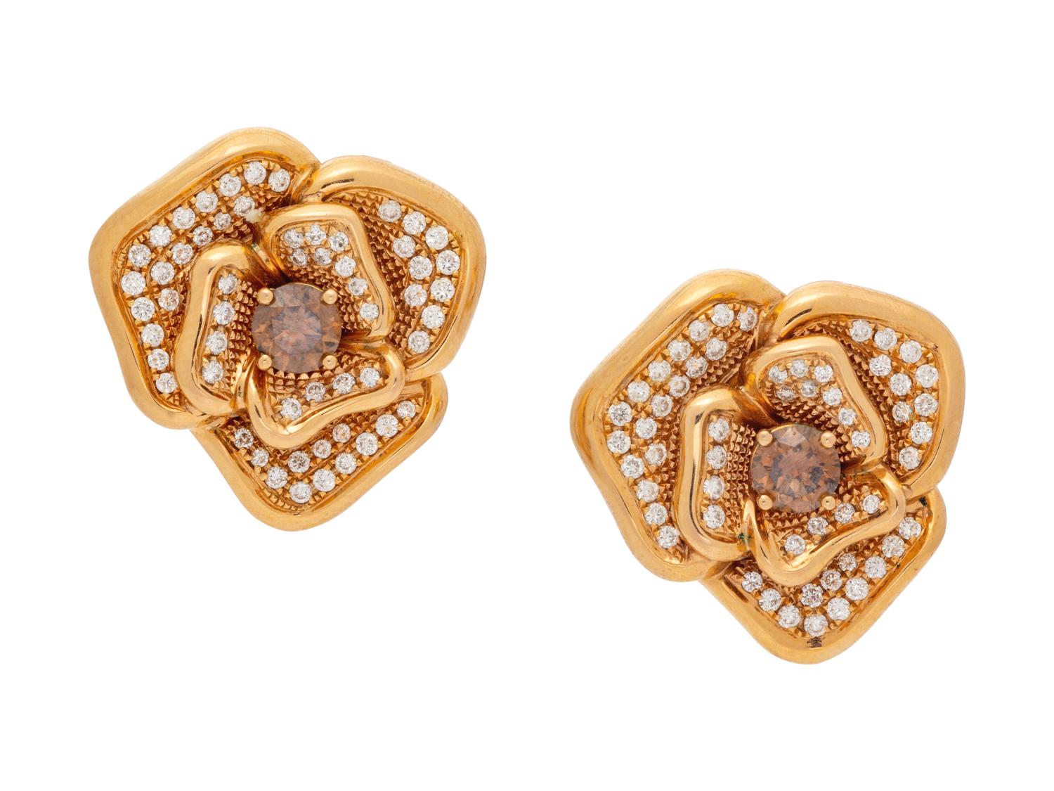A Pair of 18 Karat Rose Gold, Colored Diamond and Diamond Flower Motif Earclips, Le Vian,