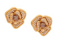 A Pair of 18 Karat Rose Gold, Colored Diamond and Diamond Flower Motif Earclips, Le Vian,