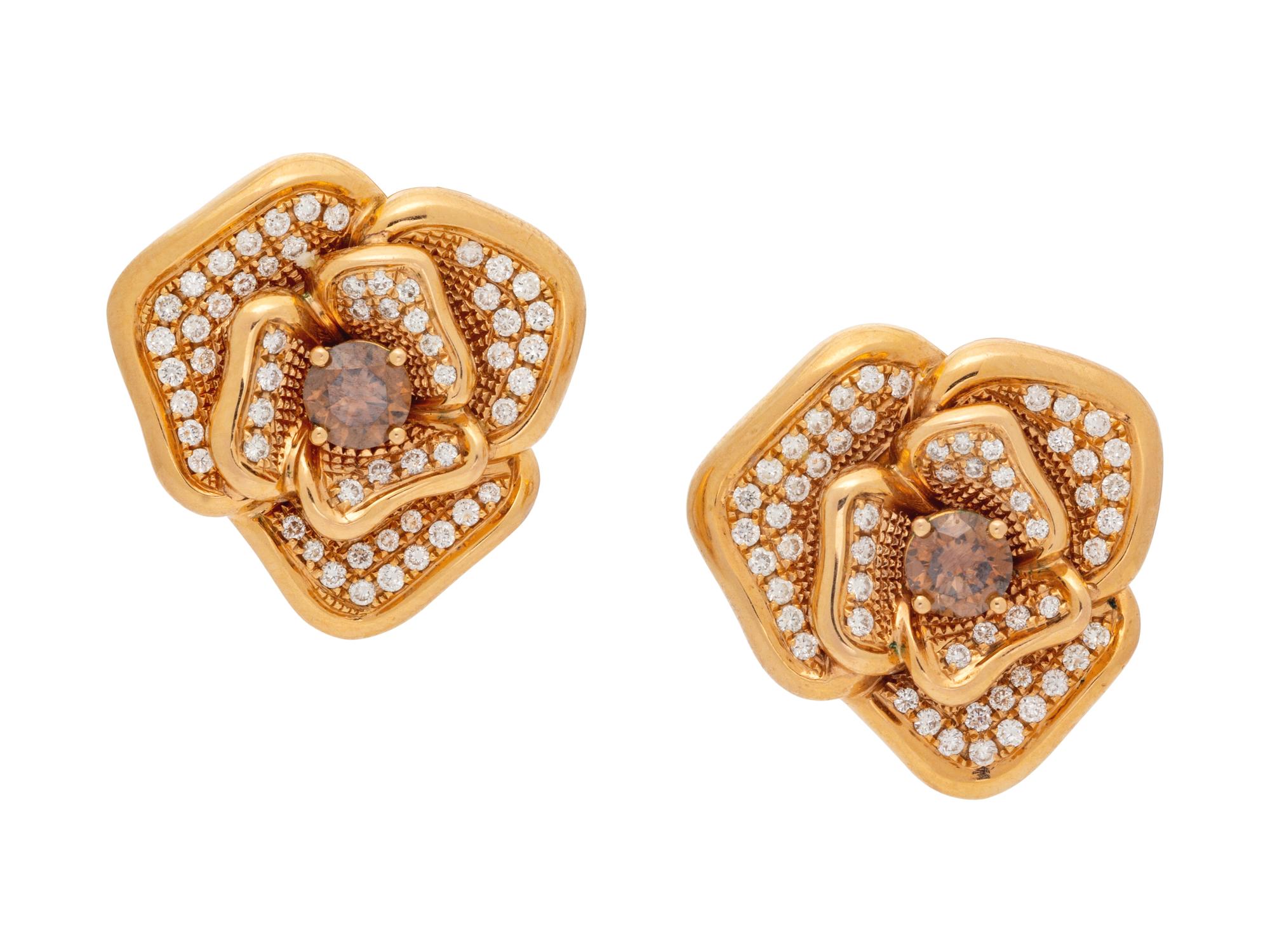 A Pair of 18 Karat Rose Gold, Colored Diamond and Diamond Flower Motif Earclips, Le Vian,