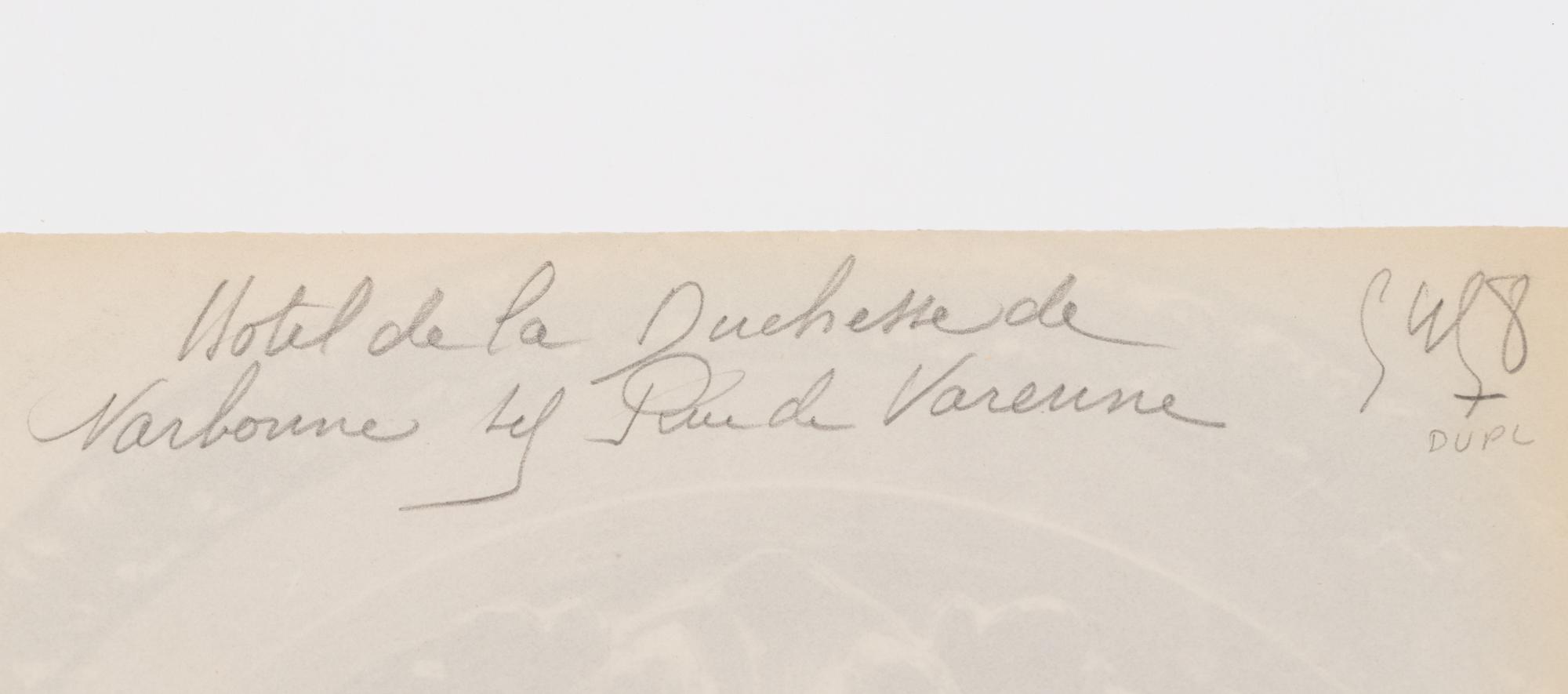 A group of six photographs depicting early 20th Century Parisian architectural details (Saints-Gervais-et-Protais, 1903-1904; Ambassade d'Autriche, 57 rue de Varenne, 1905; La Monnaie-quai Conti [5234], 1905-1906; Hôtel de Roquelaure, boulevard Saint-Germain, 246, 1905-1906; Hôtel de la Duchesse, de Narbonne, rue Varenne 45, 1907; [Cluny–Diane Chasseresse. Art Français. École J. Goujon], 1911)