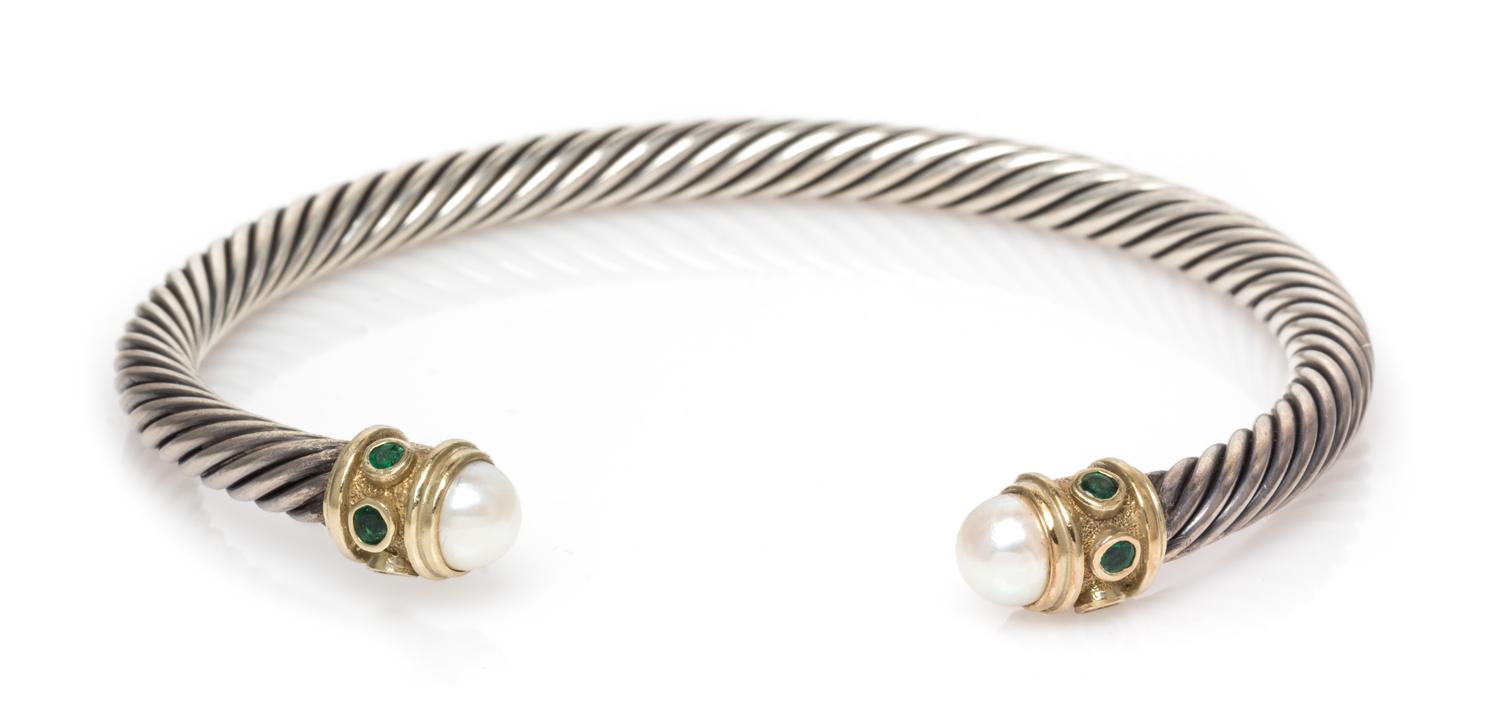 DAVID YURMAN, STERLING SILVER, YELLOW GOLD, CULTURED PEARL AND GEMSTONE 'RENAISSANCE' CUFF BRACELET