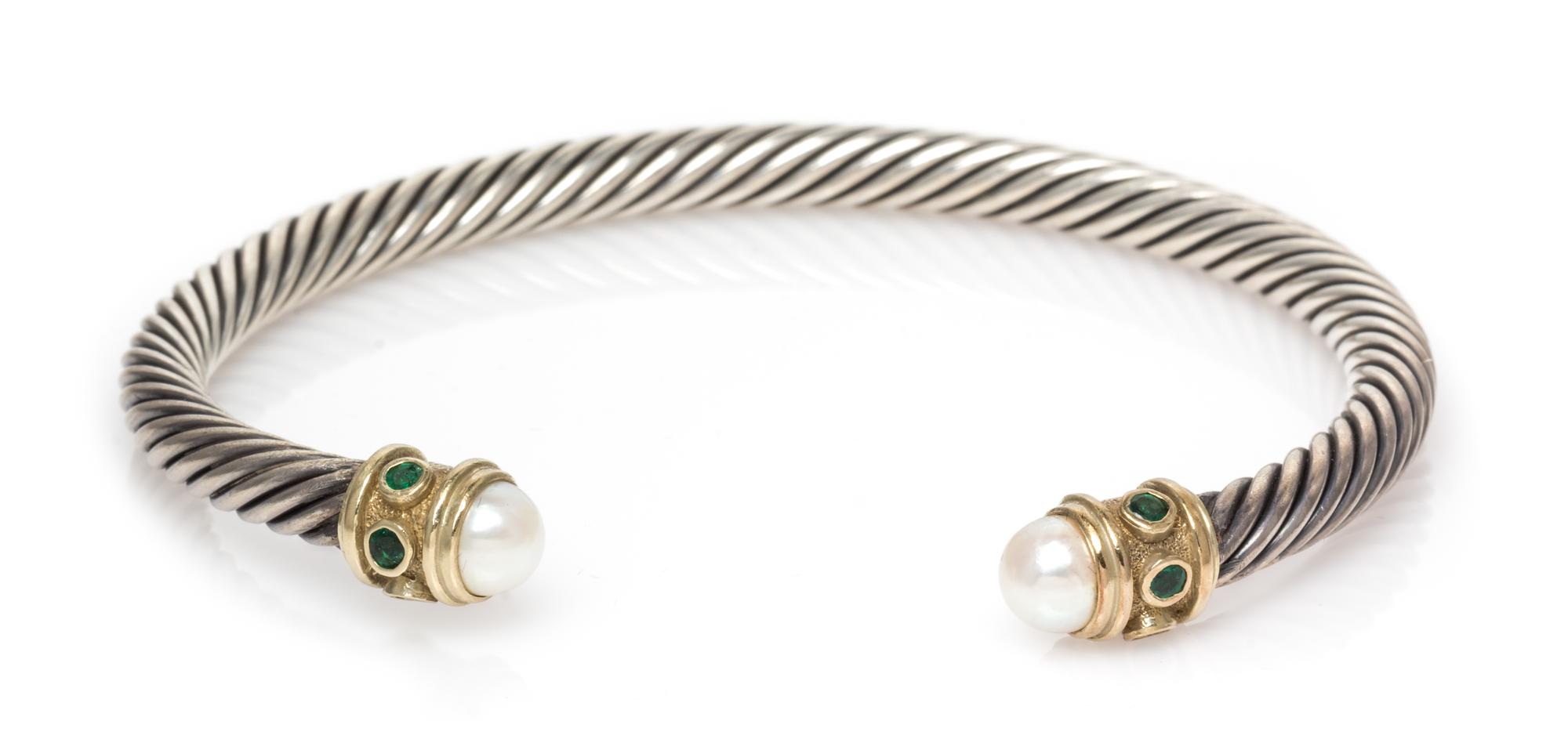 DAVID YURMAN, STERLING SILVER, YELLOW GOLD, CULTURED PEARL AND GEMSTONE 'RENAISSANCE' CUFF BRACELET