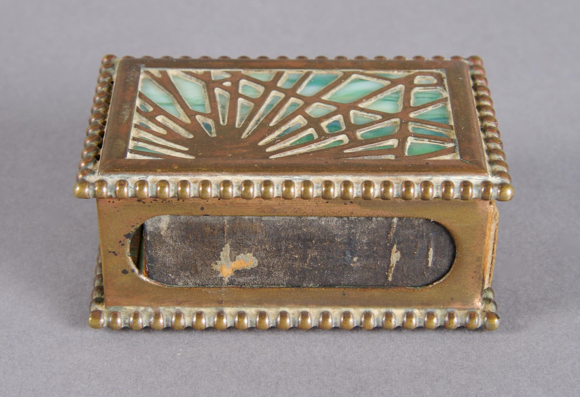 A Tiffany Studios Bronze Desk Box, Pine Needle, Width of first 6 5/8 inches.
