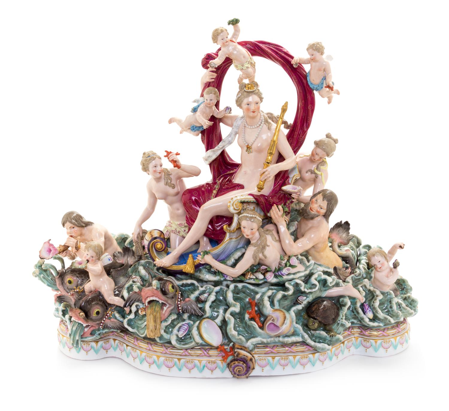 A Pair of Large Meissen Porcelain Groups Depicting Neptune and the Triumph of Amphitrite Height of tallest 16 7/8 x width of widest 24 — AFTER THE MODEL BY JOHANN JOACHIM KANDLER, SECOND HALF 19TH CENTURY