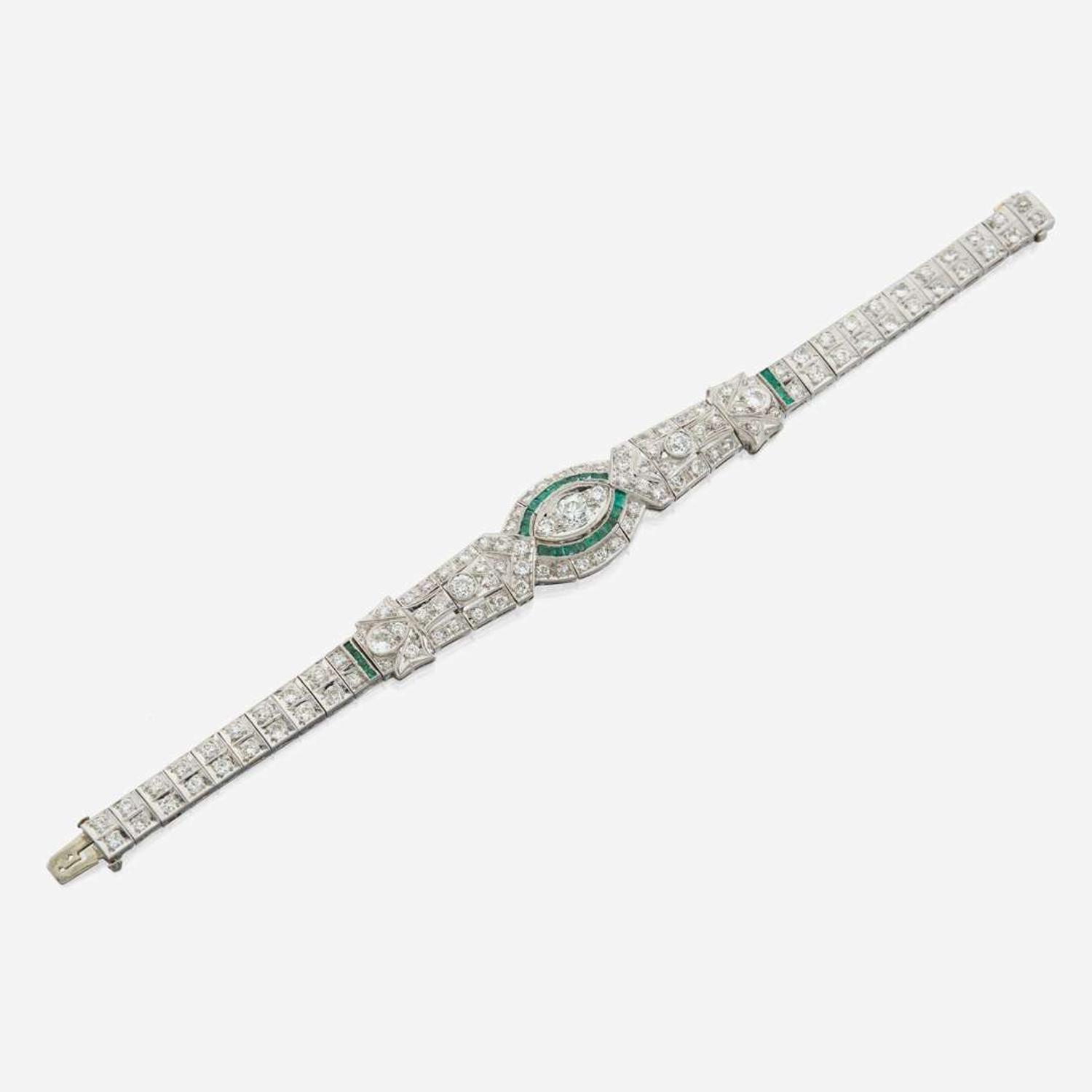 An Art Deco emerald, diamond, and platinum bracelet
