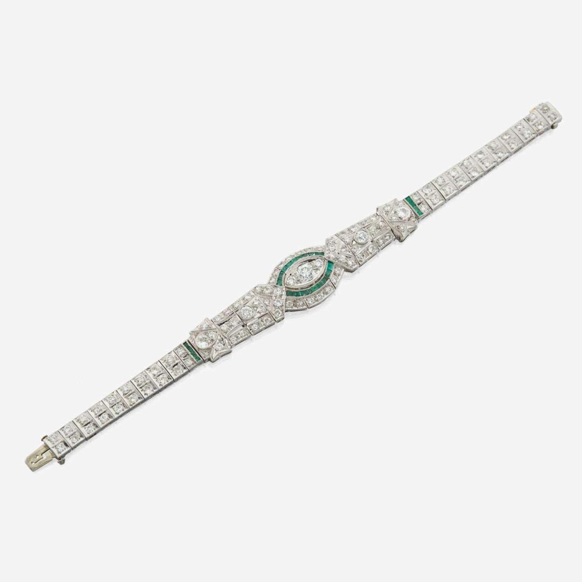 An Art Deco emerald, diamond, and platinum bracelet