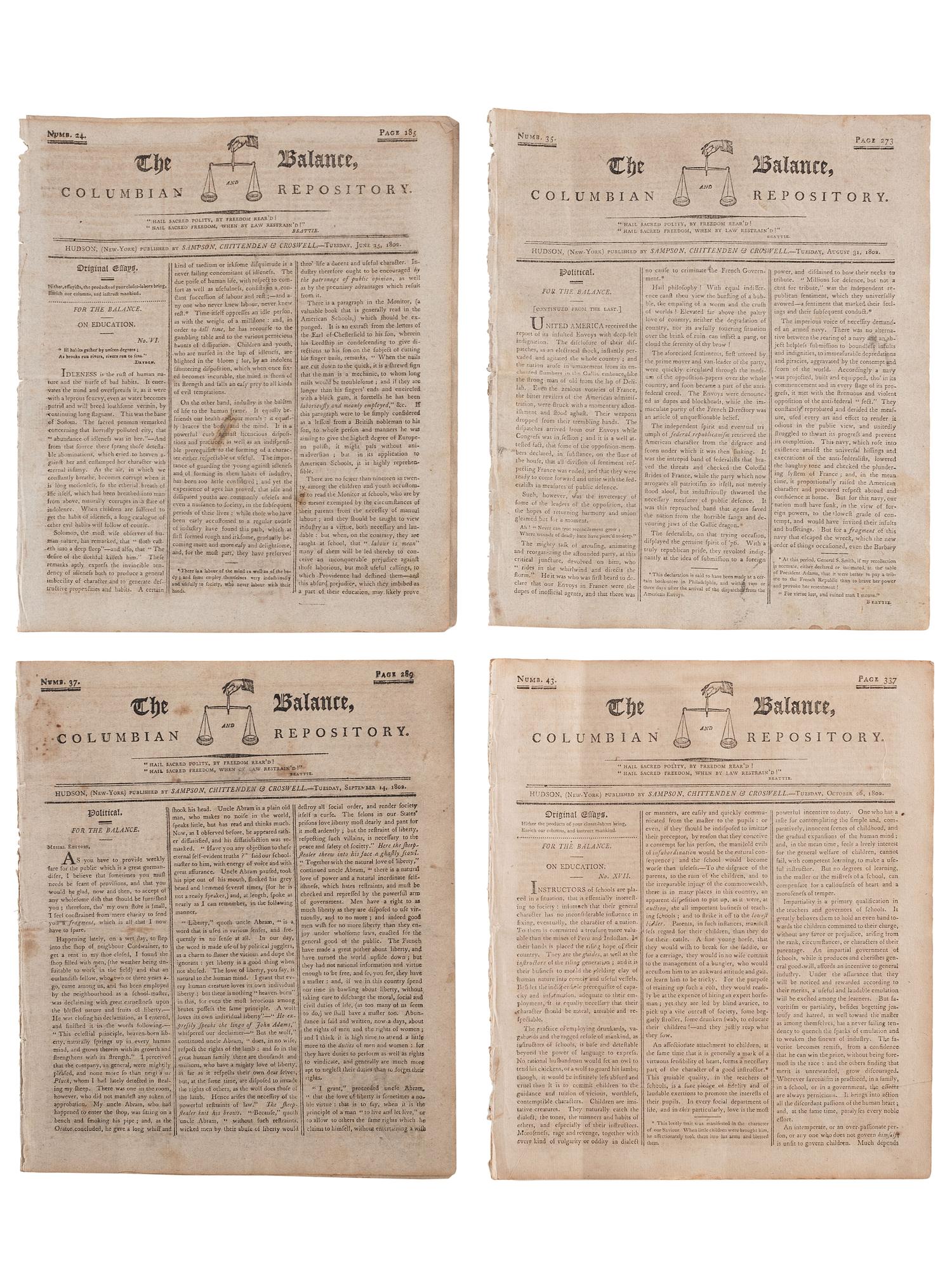 [SLAVERY & ABOLITION]. Advertisements for the return of freedom seekers published in 13 issues of The Balance, and Columbian Repository . Nos. 20-43. Hudson, NY: Sampson, Chittenden & Croswell. 18 May-26 October 1802.