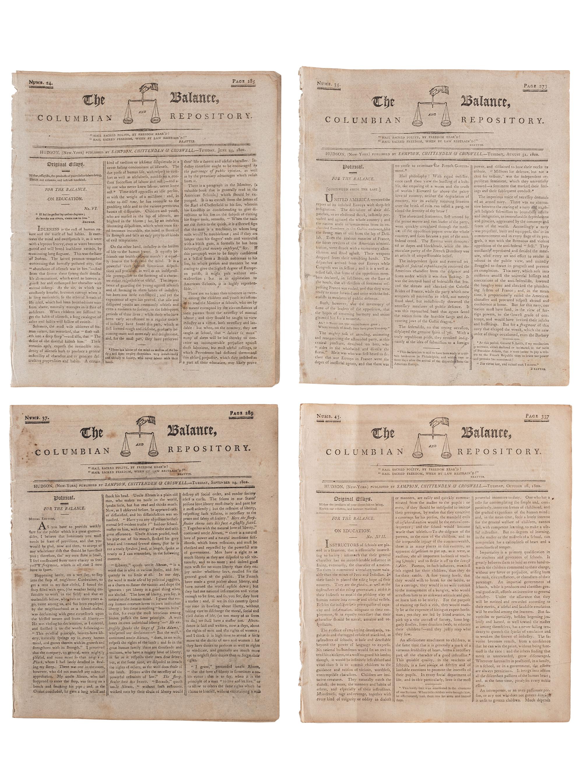 [SLAVERY & ABOLITION]. Advertisements for the return of freedom seekers published in 13 issues of The Balance, and Columbian Repository . Nos. 20-43. Hudson, NY: Sampson, Chittenden & Croswell. 18 May-26 October 1802.