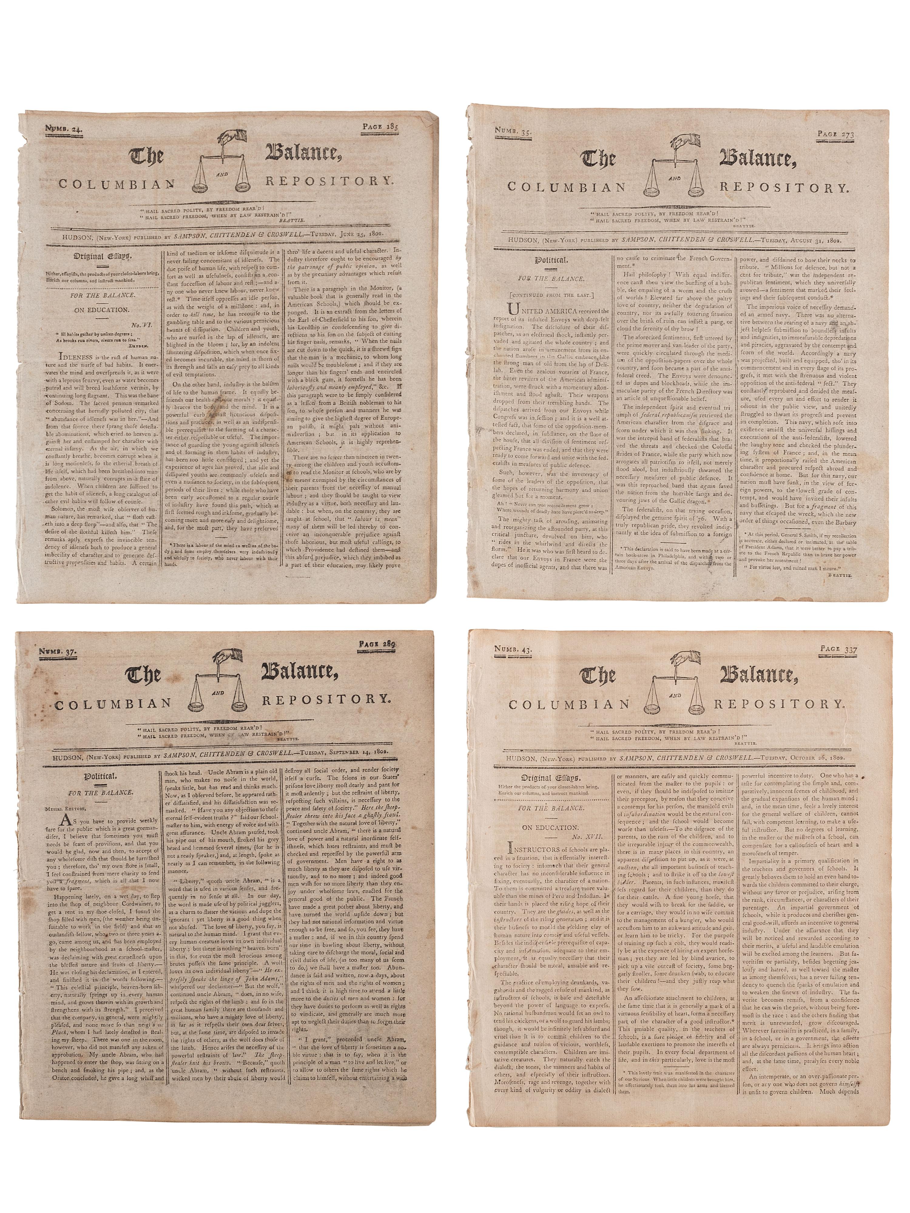 [SLAVERY & ABOLITION]. Advertisements for the return of freedom seekers published in 13 issues of The Balance, and Columbian Repository . Nos. 20-43. Hudson, NY: Sampson, Chittenden & Croswell. 18 May-26 October 1802.