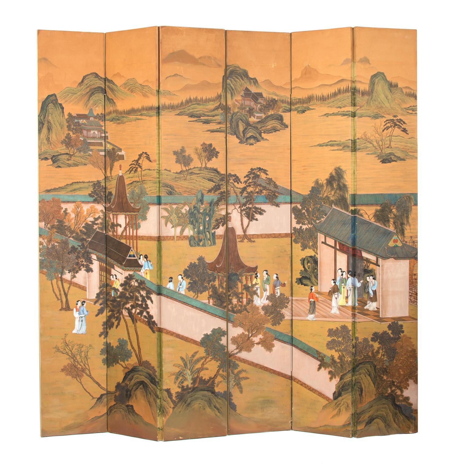 A Chinese Six Panel Floor Screen Each panel height 106 x 17 inches. — LATE 19TH/EARLY 20TH CENTURY
