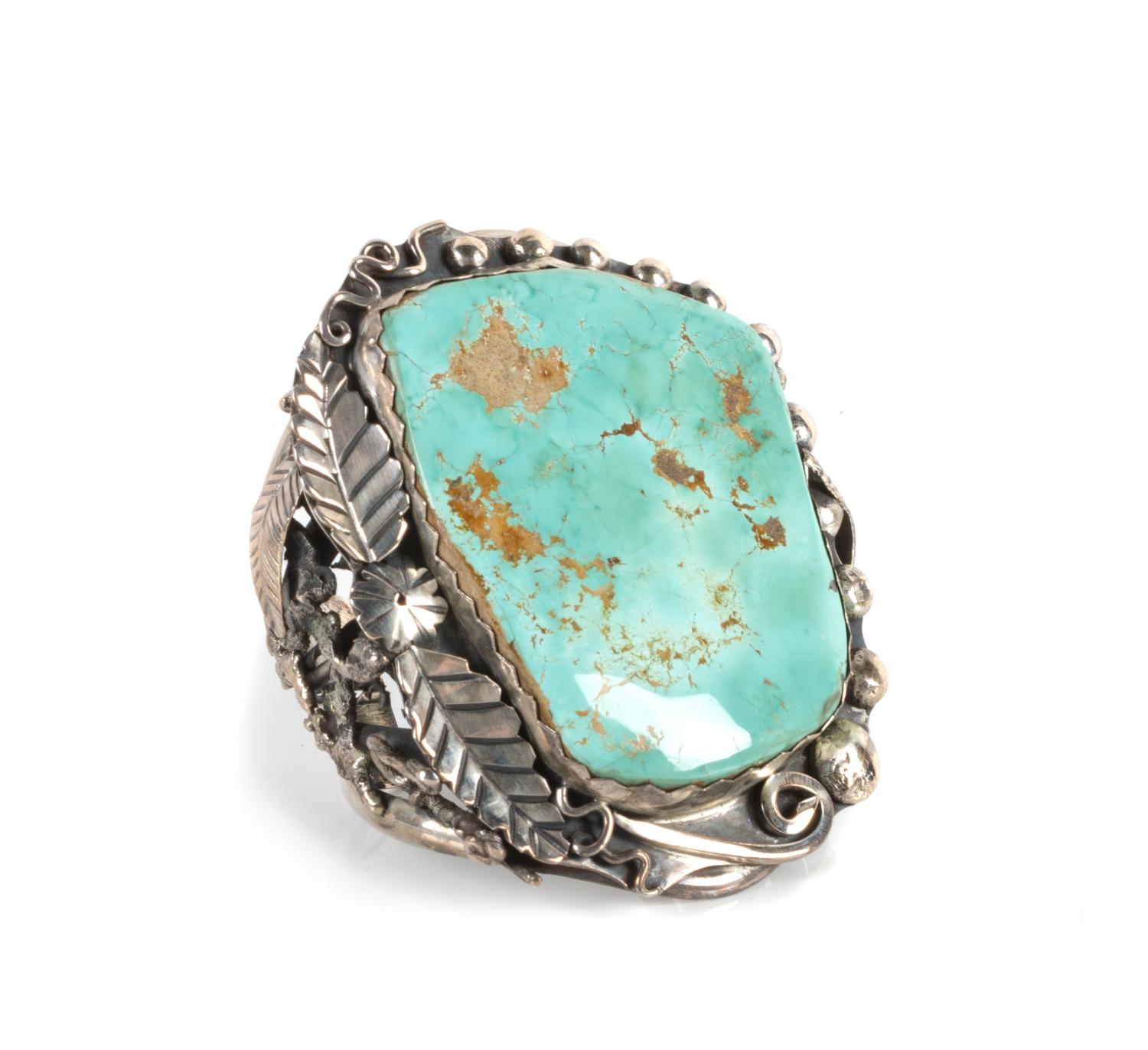 Large Southwestern Silver and Turquoise Cuff Bracelet Length 5 1/2 x opening 1 x width 3 1/2 inches
