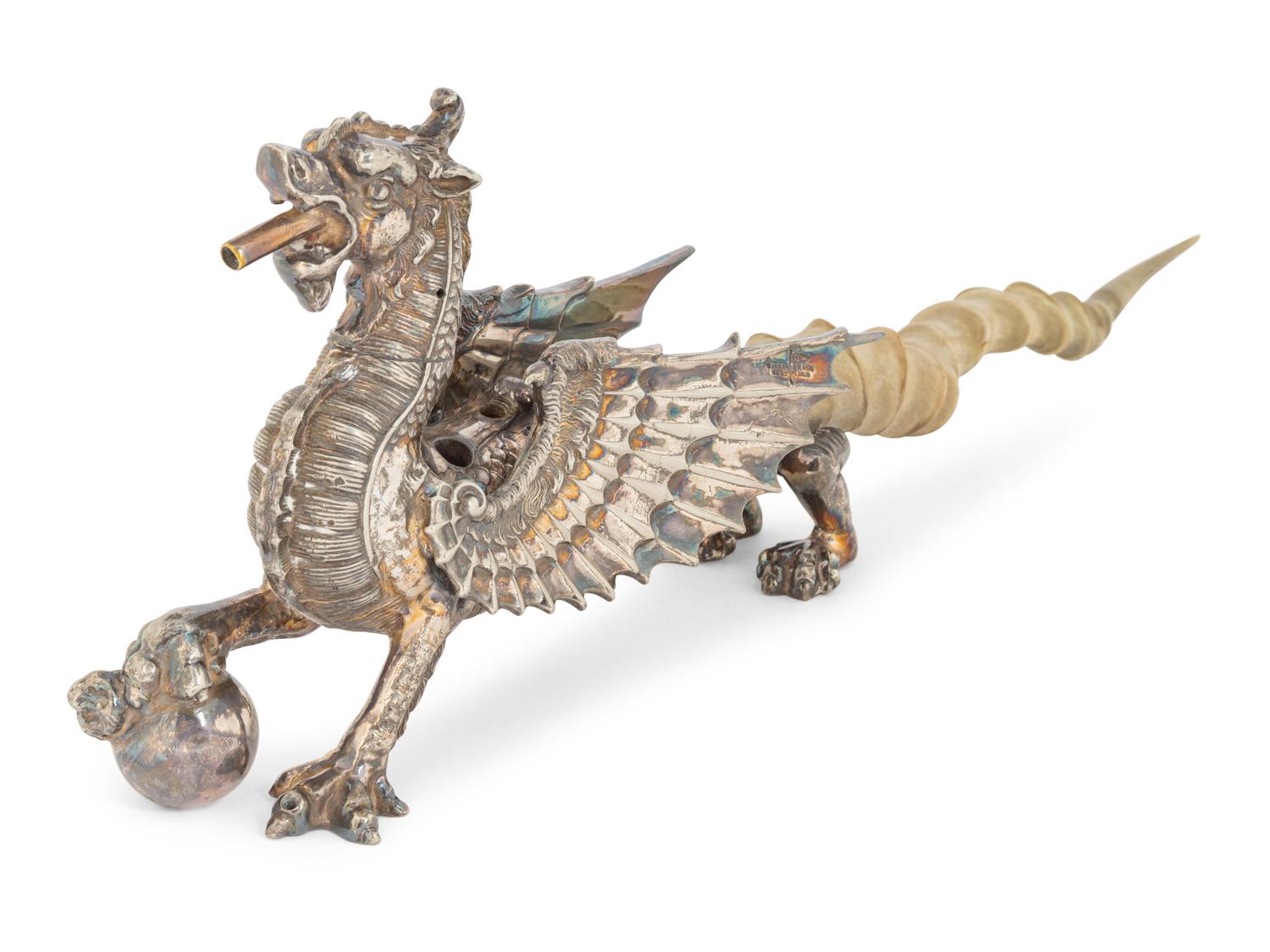 A Victorian Silver-Plate and Horn Dragon Lighter