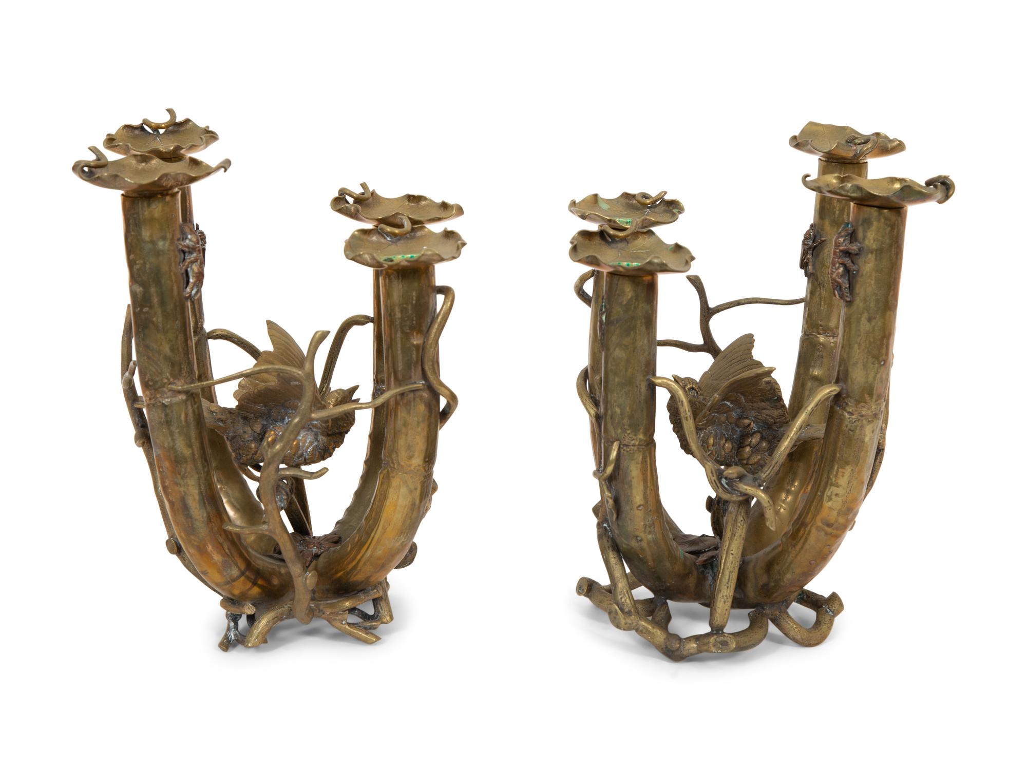 A Pair of Cast Brass Four-Light Candelabra with Birds and Insects