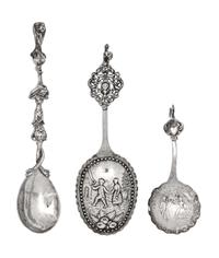 A Group of Three Dutch and English Silver Serving Spoons, 19th/20th century, comprising two Dutch and one English example, each having