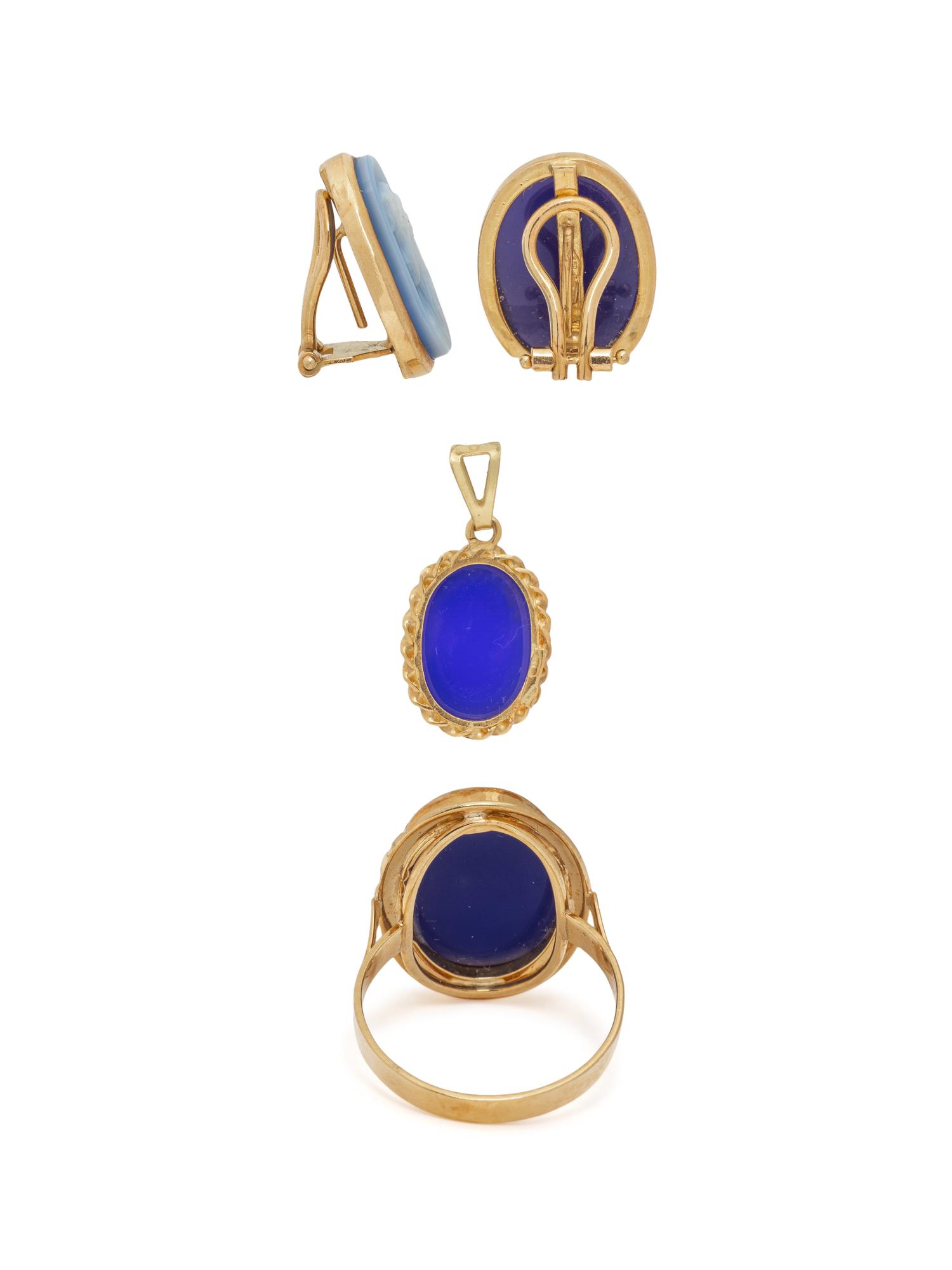 COLLECTION OF BLUE AGATE CAMEO JEWELRY